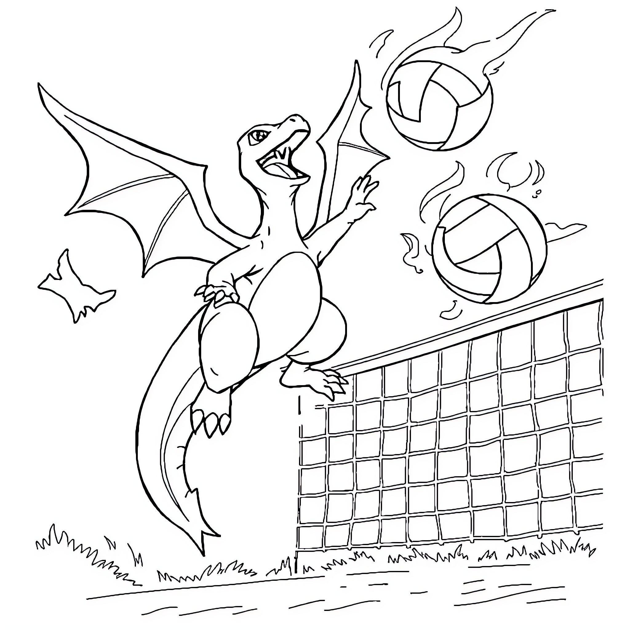 Charizard playing volleyball with fire Pokéballs Coloring Page (free black-and-white line drawing printable PDF for all, from beginners to advanced learners, including children, teens, adults, and seniors)