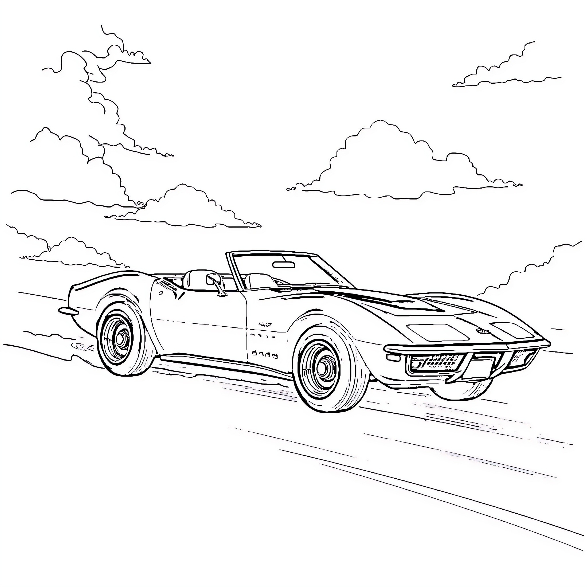 Flying Car Speeding Through Clouds on the Open Road Coloring Page (free black-and-white line drawing printable PDF for all, from beginners to advanced learners, including children, teens, adults, and seniors)