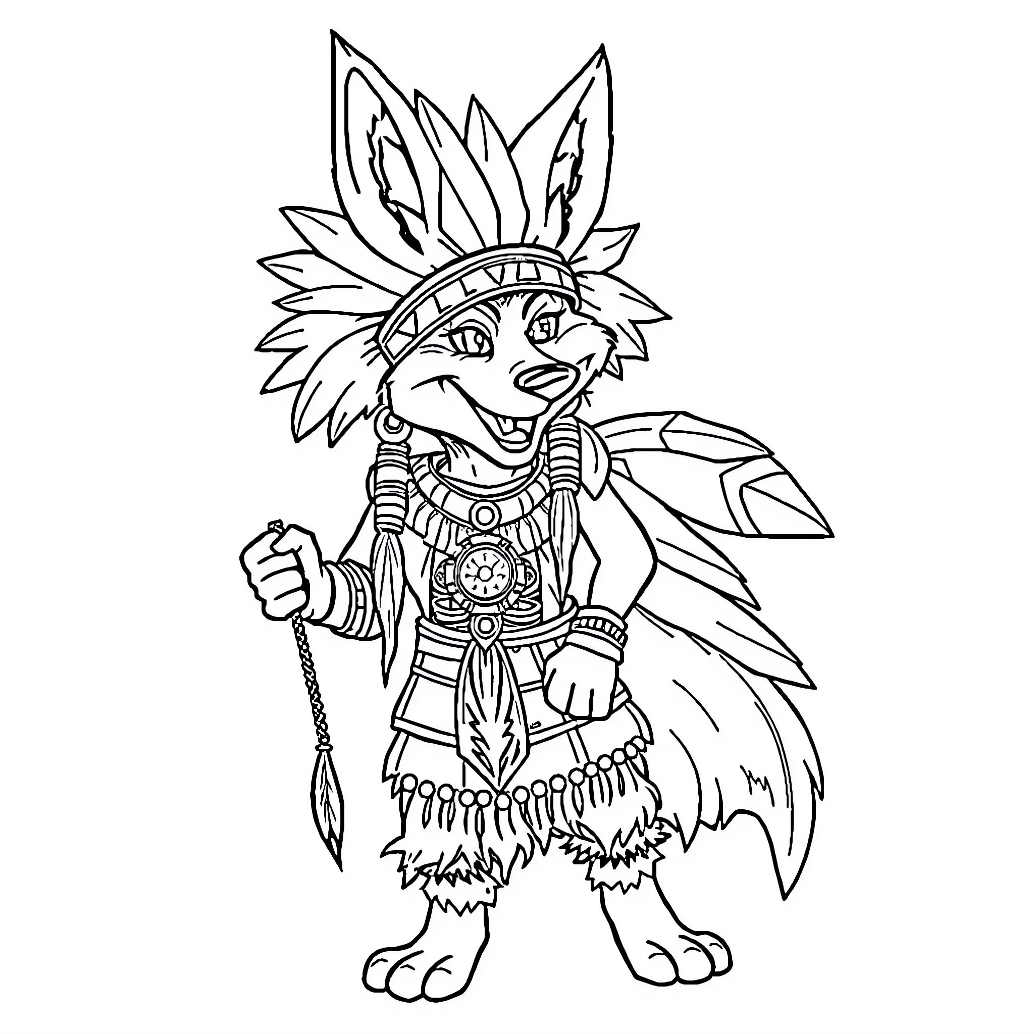 Coyote tribal warrior with feathered headdress Coloring Page (free black-and-white line drawing printable PDF for all, from beginners to advanced learners, including children, teens, adults, and seniors)