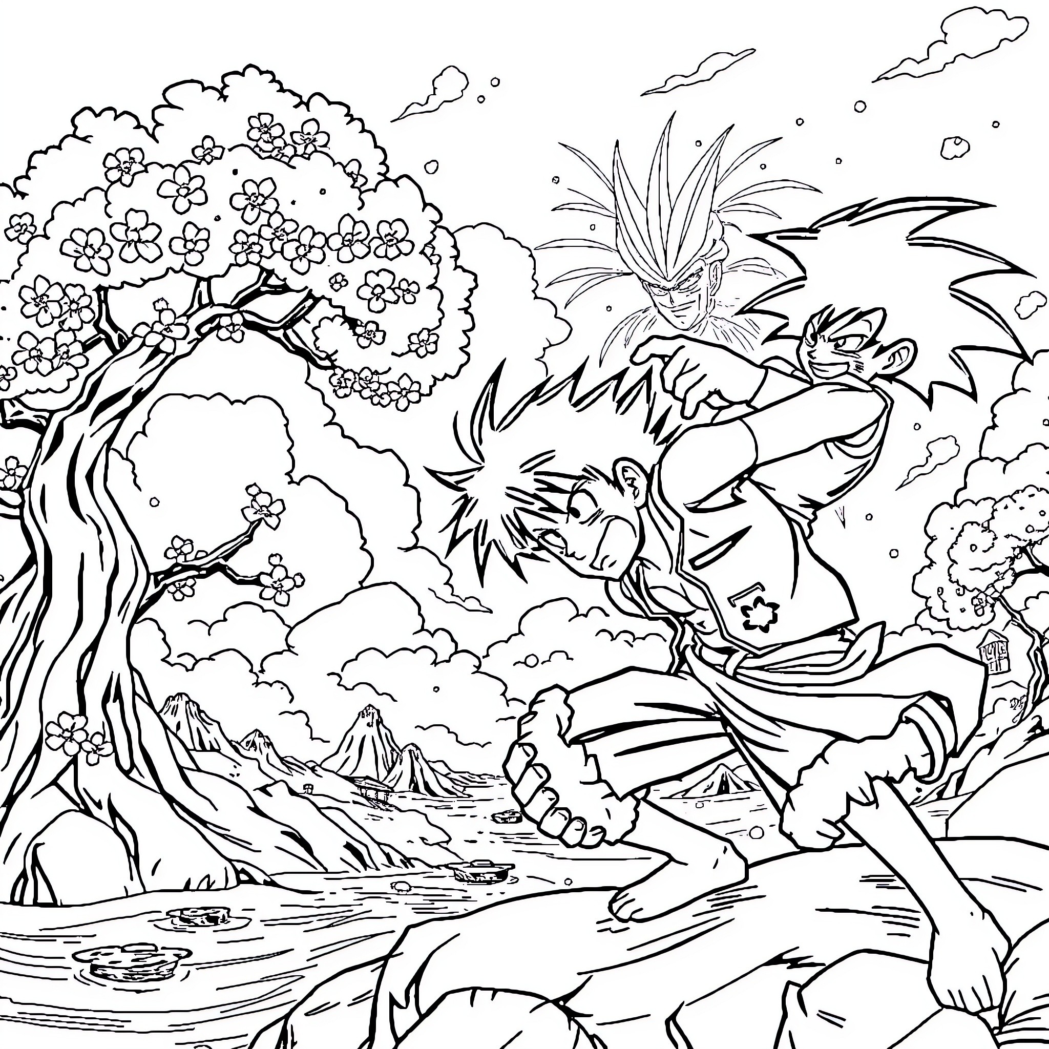 Monkey D Luffy's Adventurous Journey Through the Enchanting Landscapes Coloring Page (free black-and-white line drawing printable PDF for all, from beginners to advanced learners, including children, teens, adults, and seniors)
