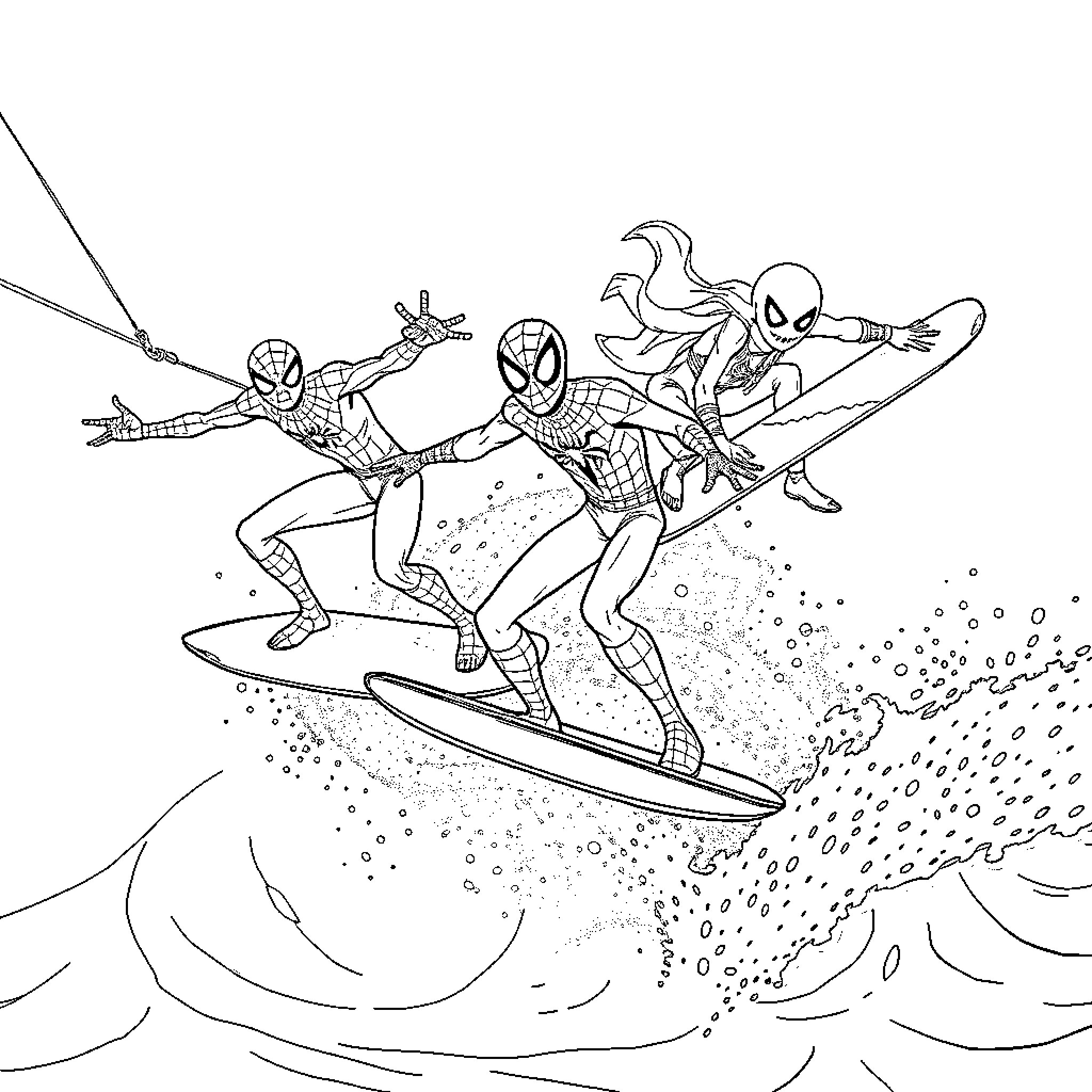 Spiderman heroes surf through waves and ocean Coloring Page (free black-and-white line drawing printable PDF for all, from beginners to advanced learners, including children, teens, adults, and seniors)