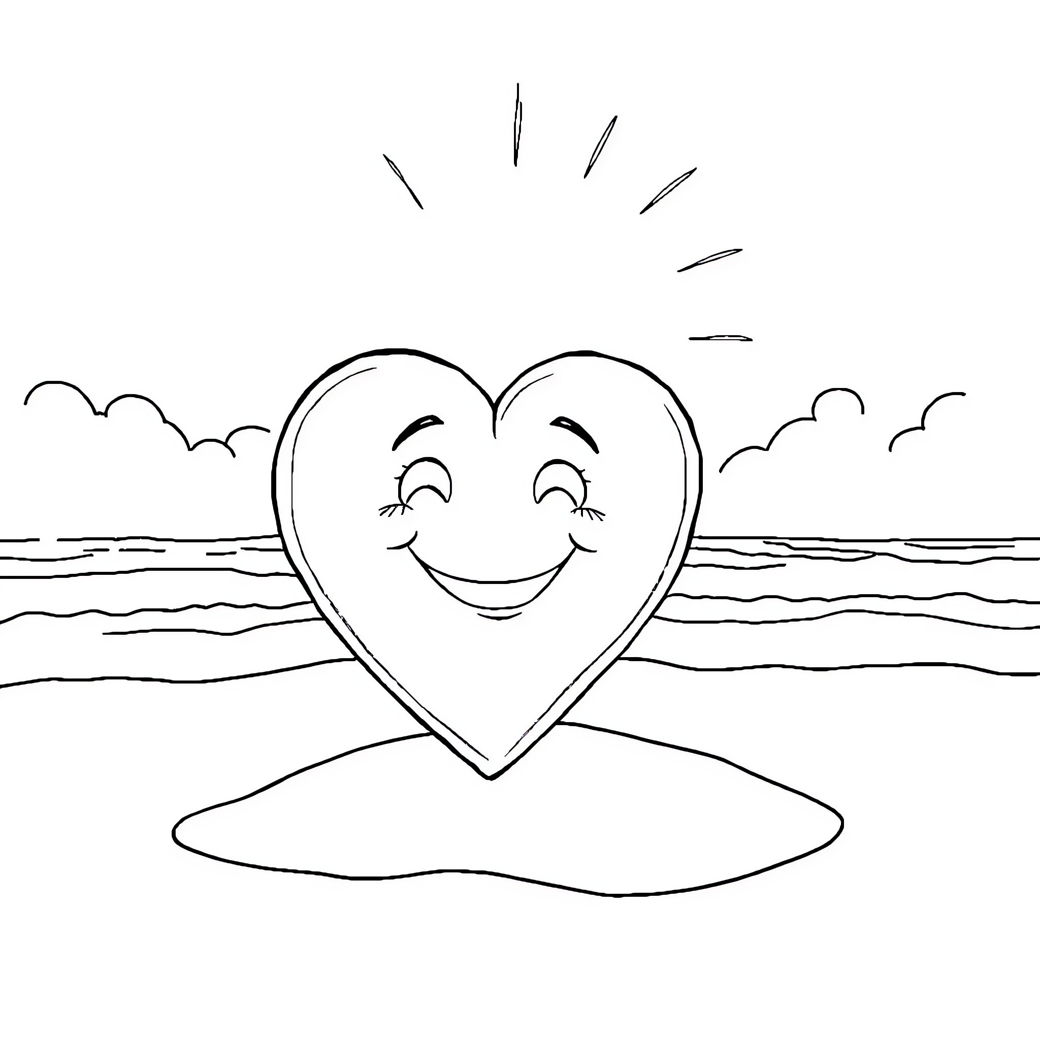 Heart beaming joyfully by the ocean Coloring Page (free black-and-white line drawing printable PDF for all, from beginners to advanced learners, including children, teens, adults, and seniors)