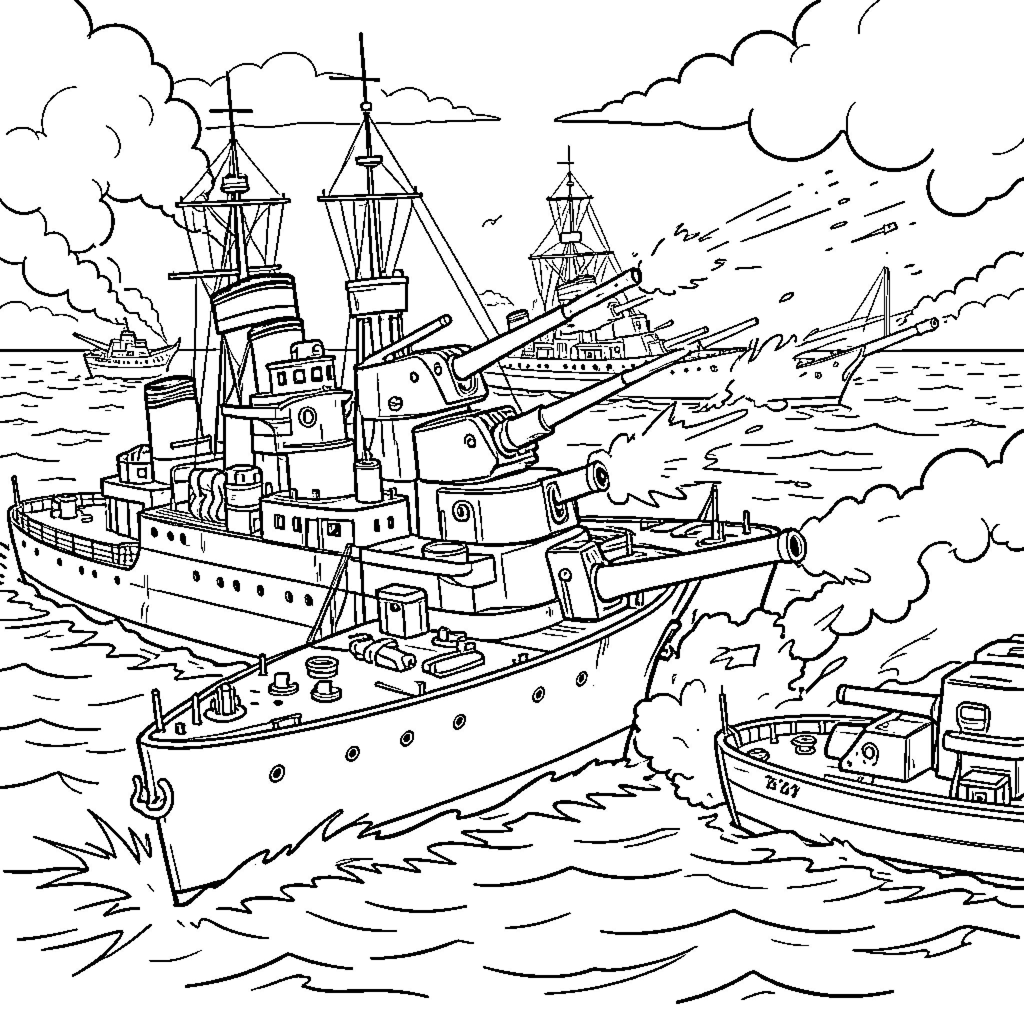 Battleship firing during naval combat Coloring Page (free black-and-white line drawing printable PDF for all, from beginners to advanced learners, including children, teens, adults, and seniors)