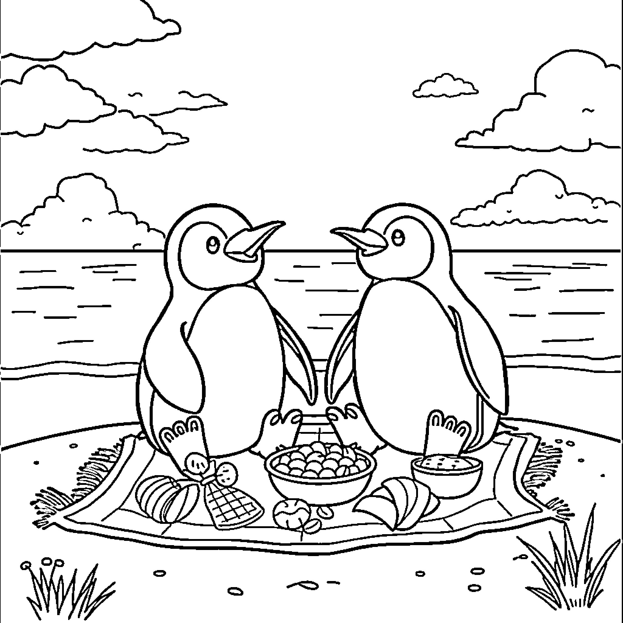 Penguins sharing a picnic on the beach Coloring Page (free black-and-white line drawing printable PDF for all, from beginners to advanced learners, including children, teens, adults, and seniors)