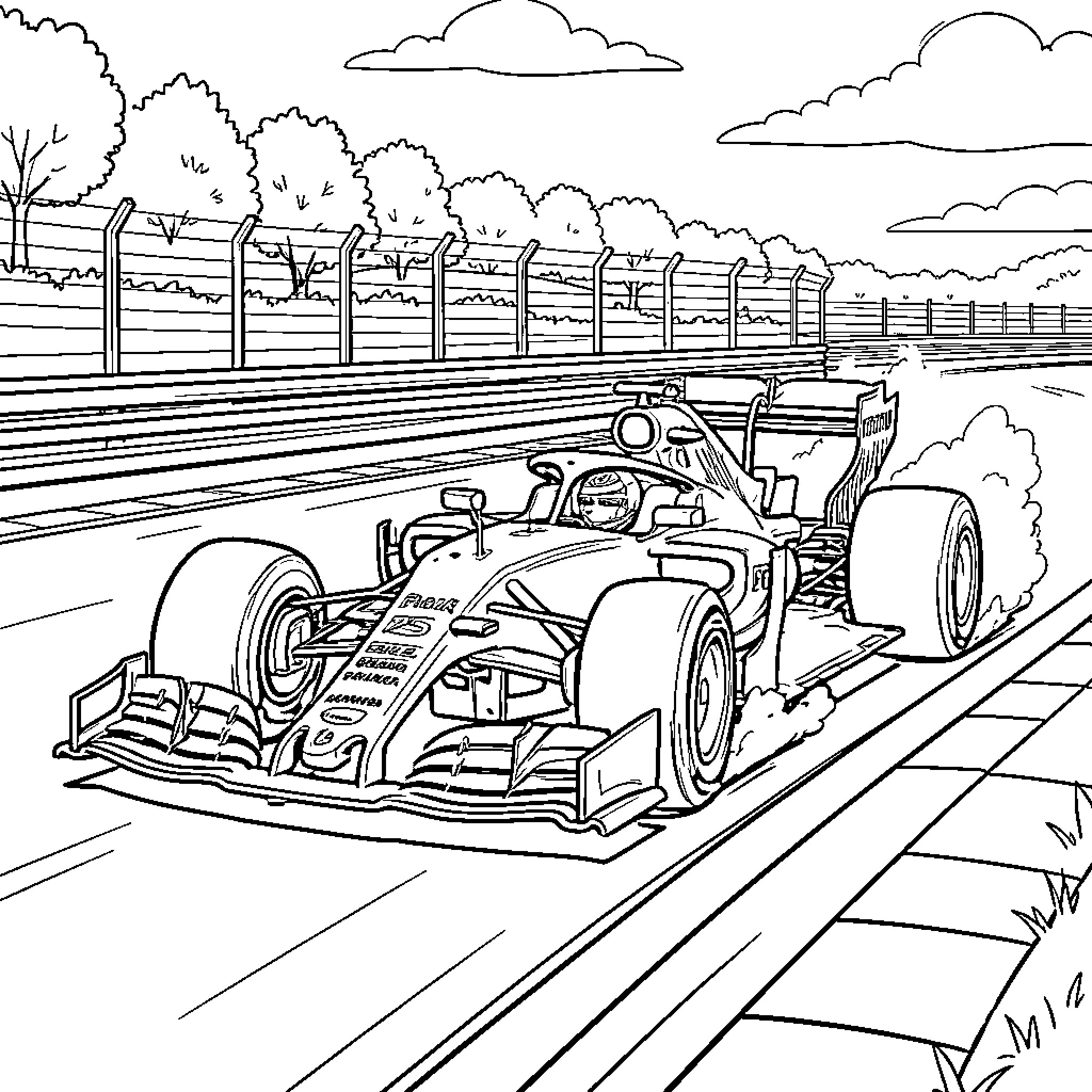 Formula 1 racing car speeding through a track turn Coloring Page (free black-and-white line drawing printable PDF for all, from beginners to advanced learners, including children, teens, adults, and seniors)
