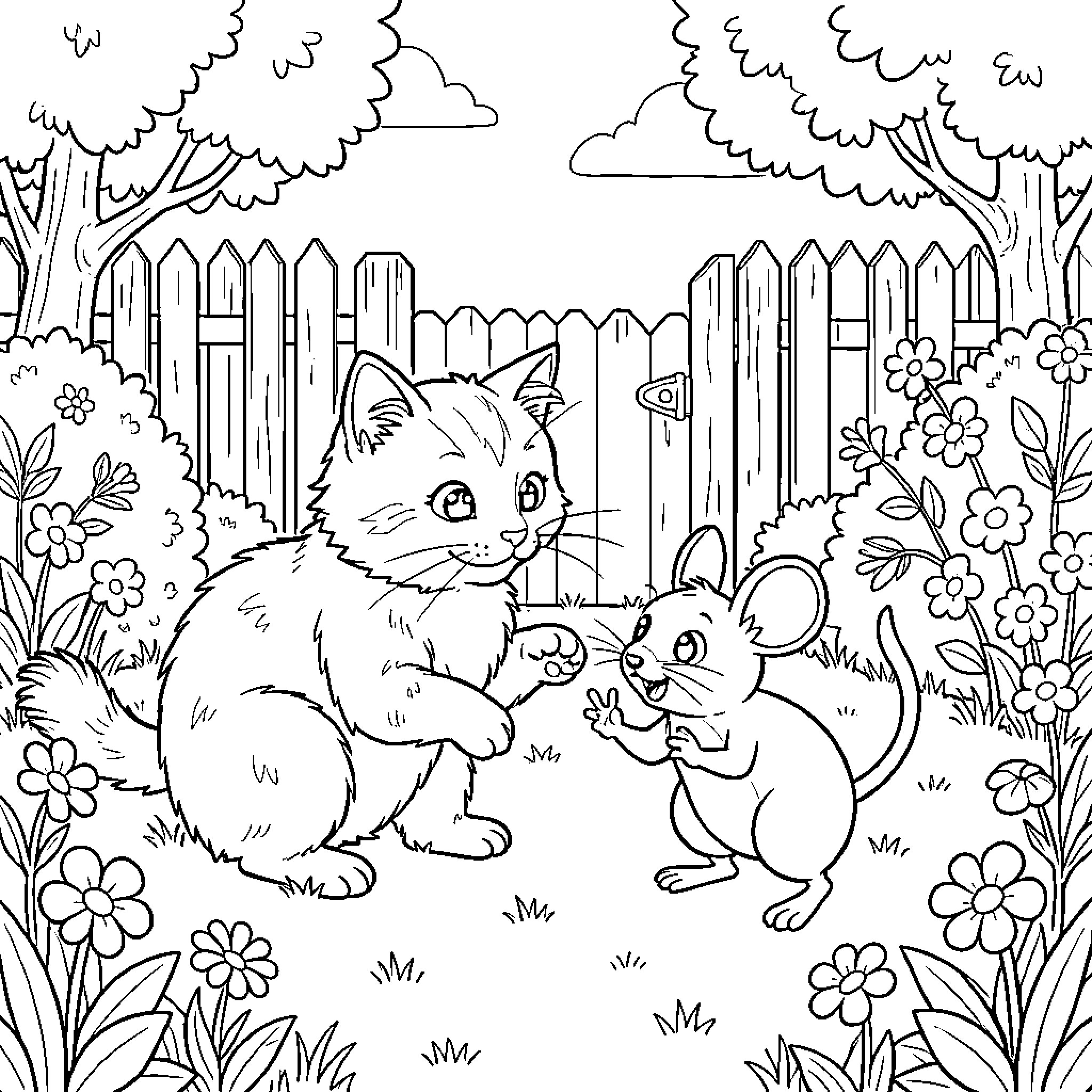 Cat and Mouse Playing in a Floral Garden Coloring Page (free black-and-white line drawing printable PDF for all, from beginners to advanced learners, including children, teens, adults, and seniors)