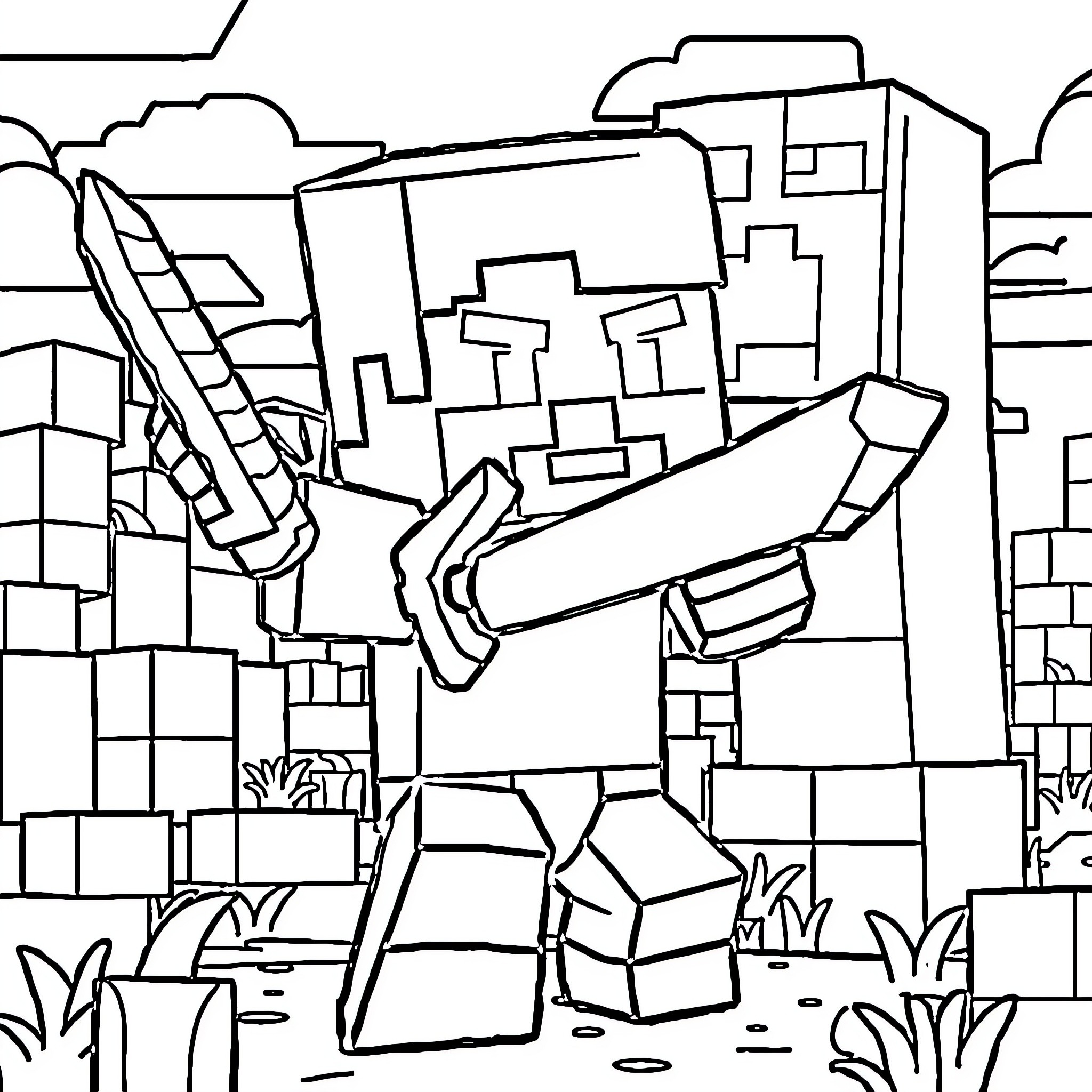 Steve's Adventure in the Blocky Landscape Coloring Page (free black-and-white line drawing printable PDF for all, from beginners to advanced learners, including children, teens, adults, and seniors)