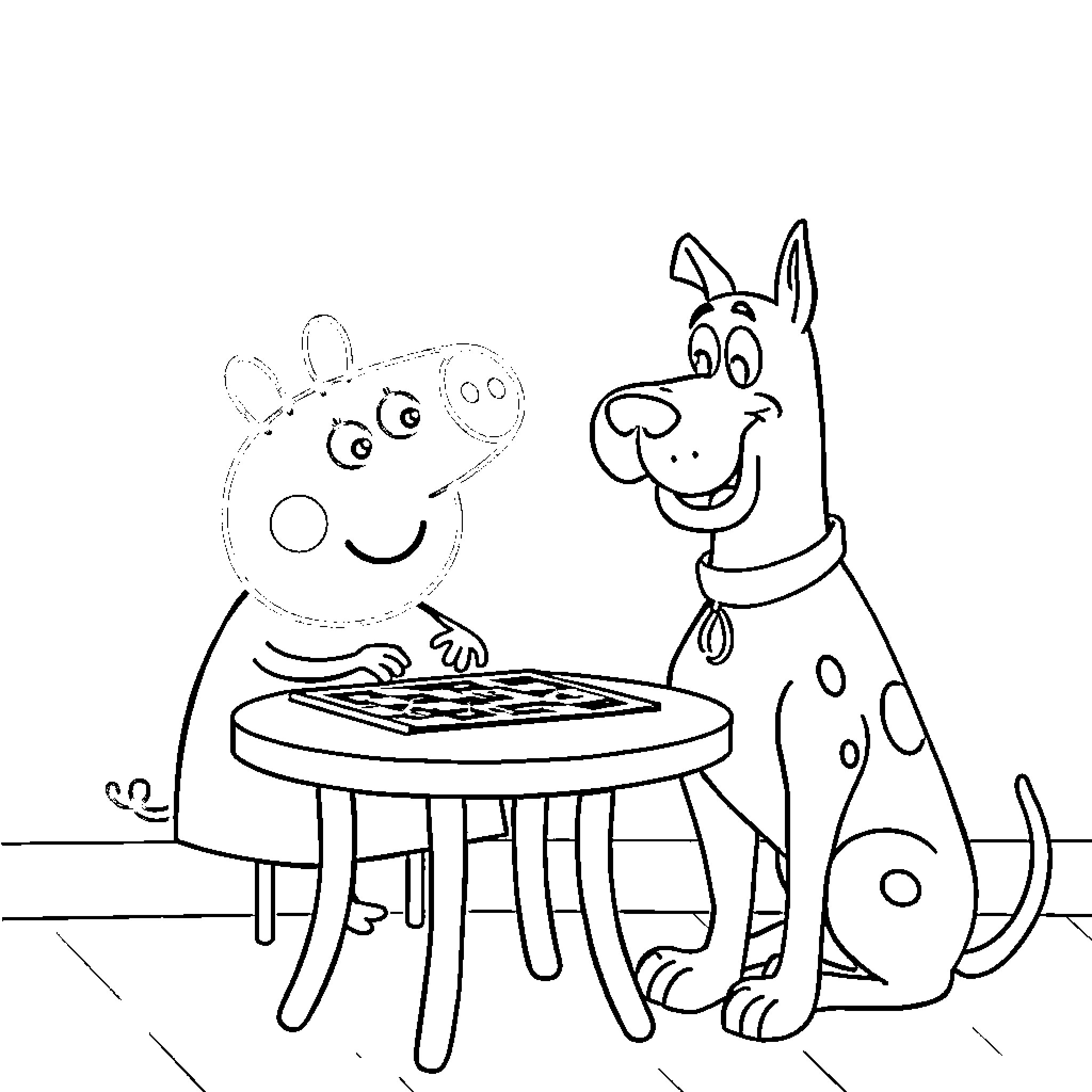 Peppa Pig and dog playing checkers together Coloring Page (free black-and-white line drawing printable PDF for all, from beginners to advanced learners, including children, teens, adults, and seniors)