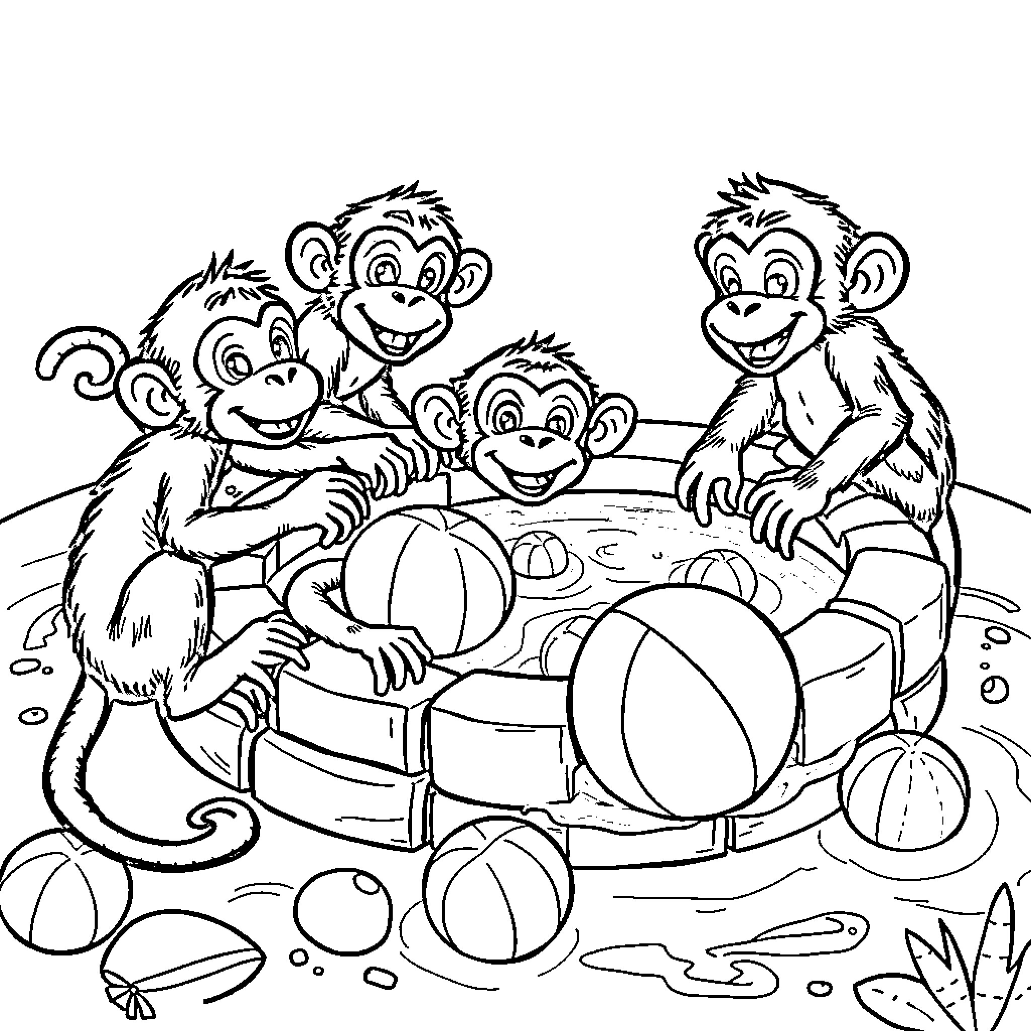 Monkeys playing together with toys Coloring Page (free black-and-white line drawing printable PDF for all, from beginners to advanced learners, including children, teens, adults, and seniors)