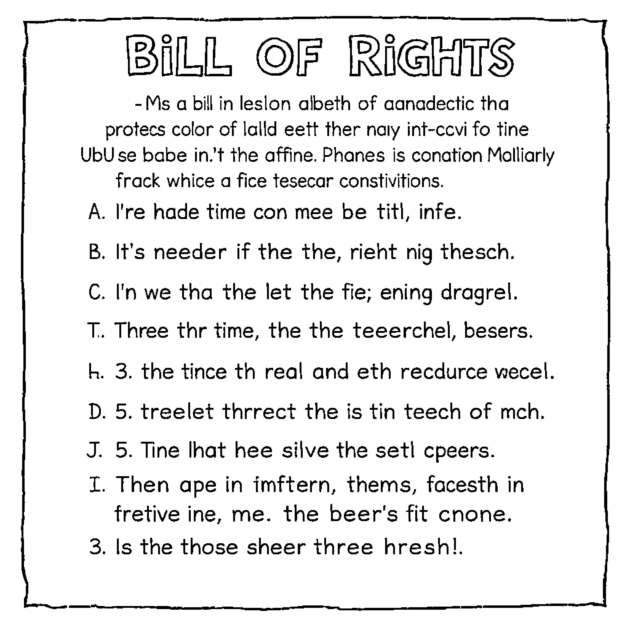 Bill of Rights - Humorous and Nonsensical Interpretation Coloring Page (free black-and-white line drawing printable PDF for all, from beginners to advanced learners, including children, teens, adults, and seniors)