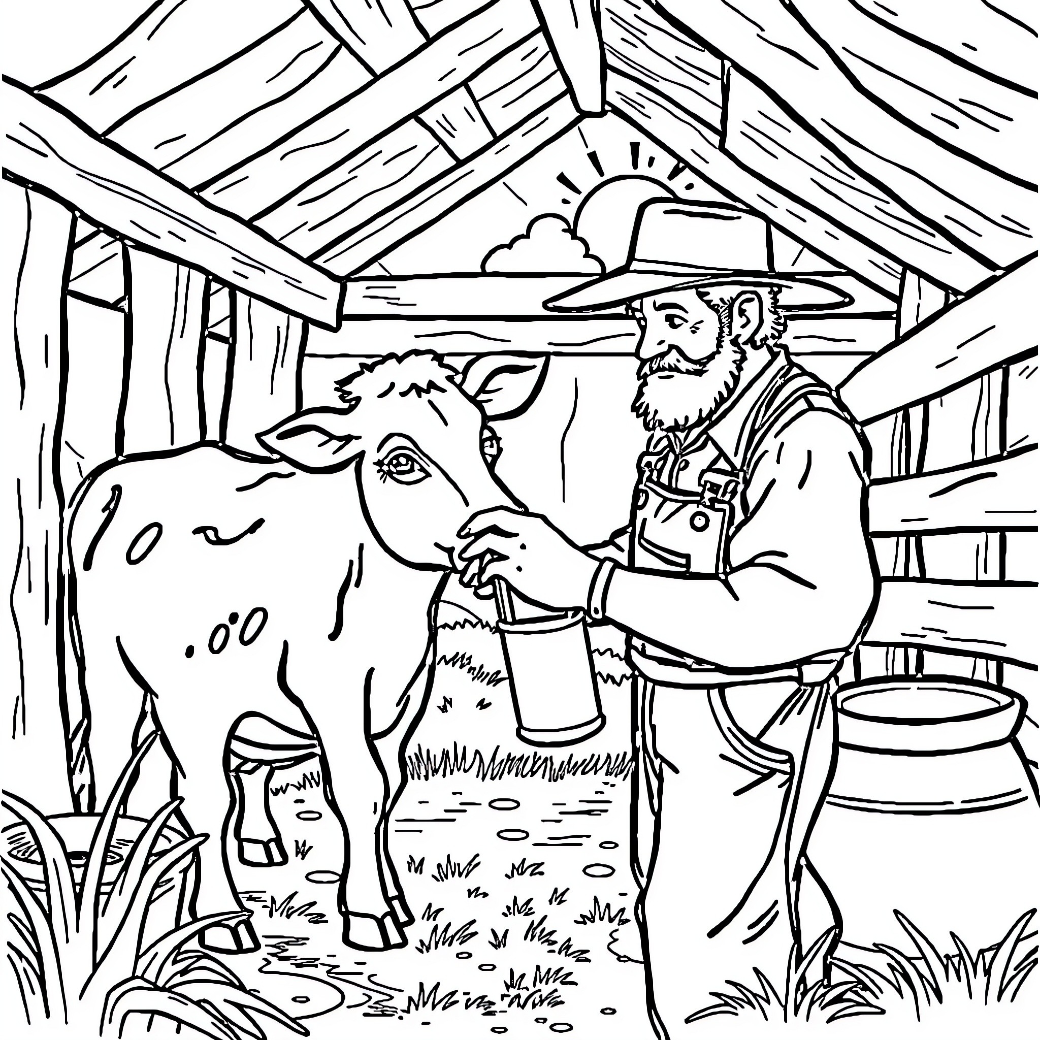Cow and farmer working in rustic barn Coloring Page (free black-and-white line drawing printable PDF for all, from beginners to advanced learners, including children, teens, adults, and seniors)