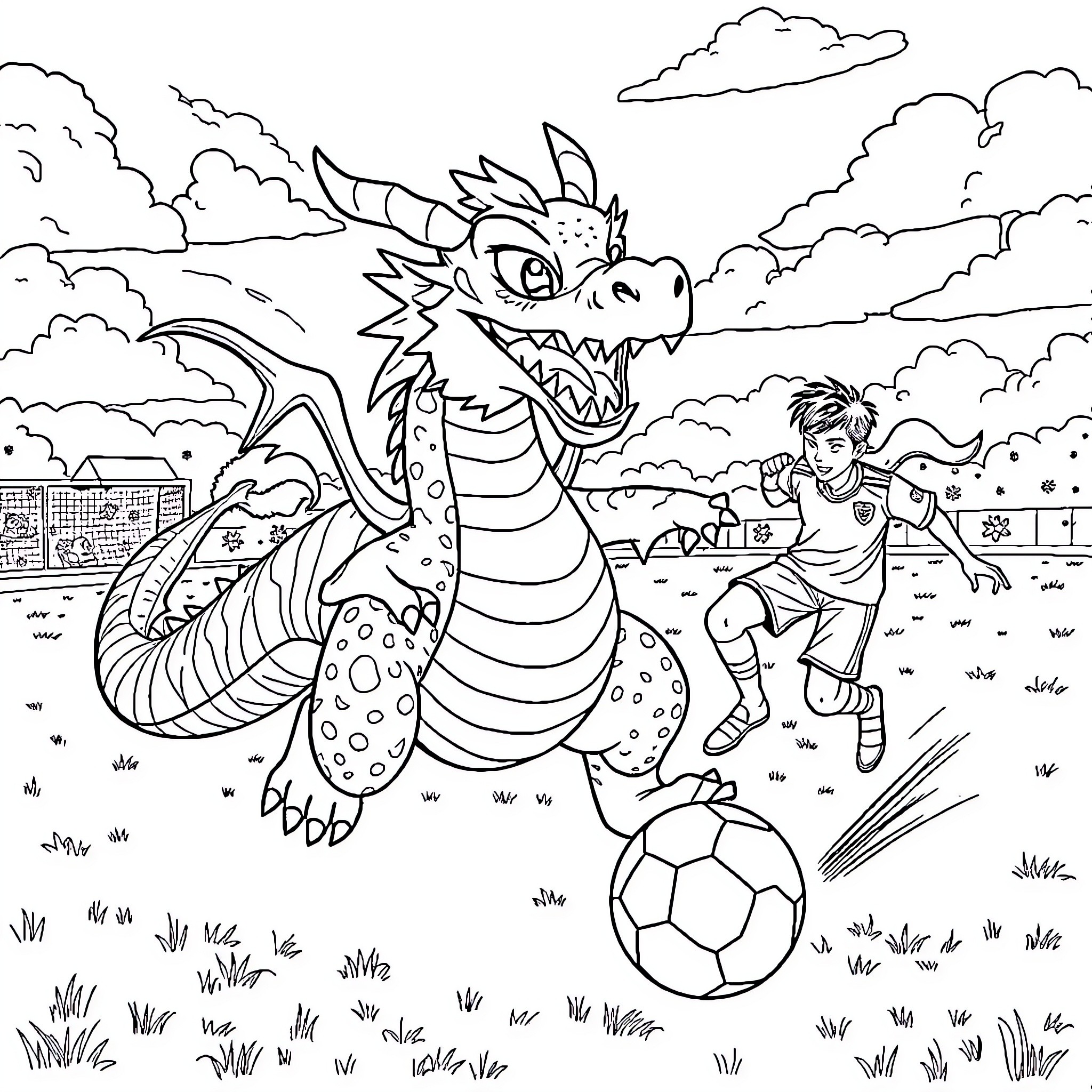 Dragon Playing Football with a Warrior Coloring Page (free black-and-white line drawing printable PDF for all, from beginners to advanced learners, including children, teens, adults, and seniors)