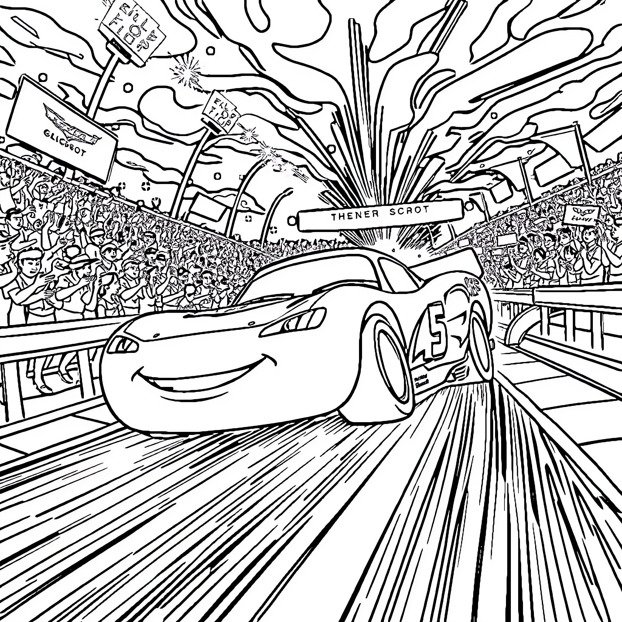 Lightning McQueen racing with crowd cheering in stadium Coloring Page (free black-and-white line drawing printable PDF for all, from beginners to advanced learners, including children, teens, adults, and seniors)