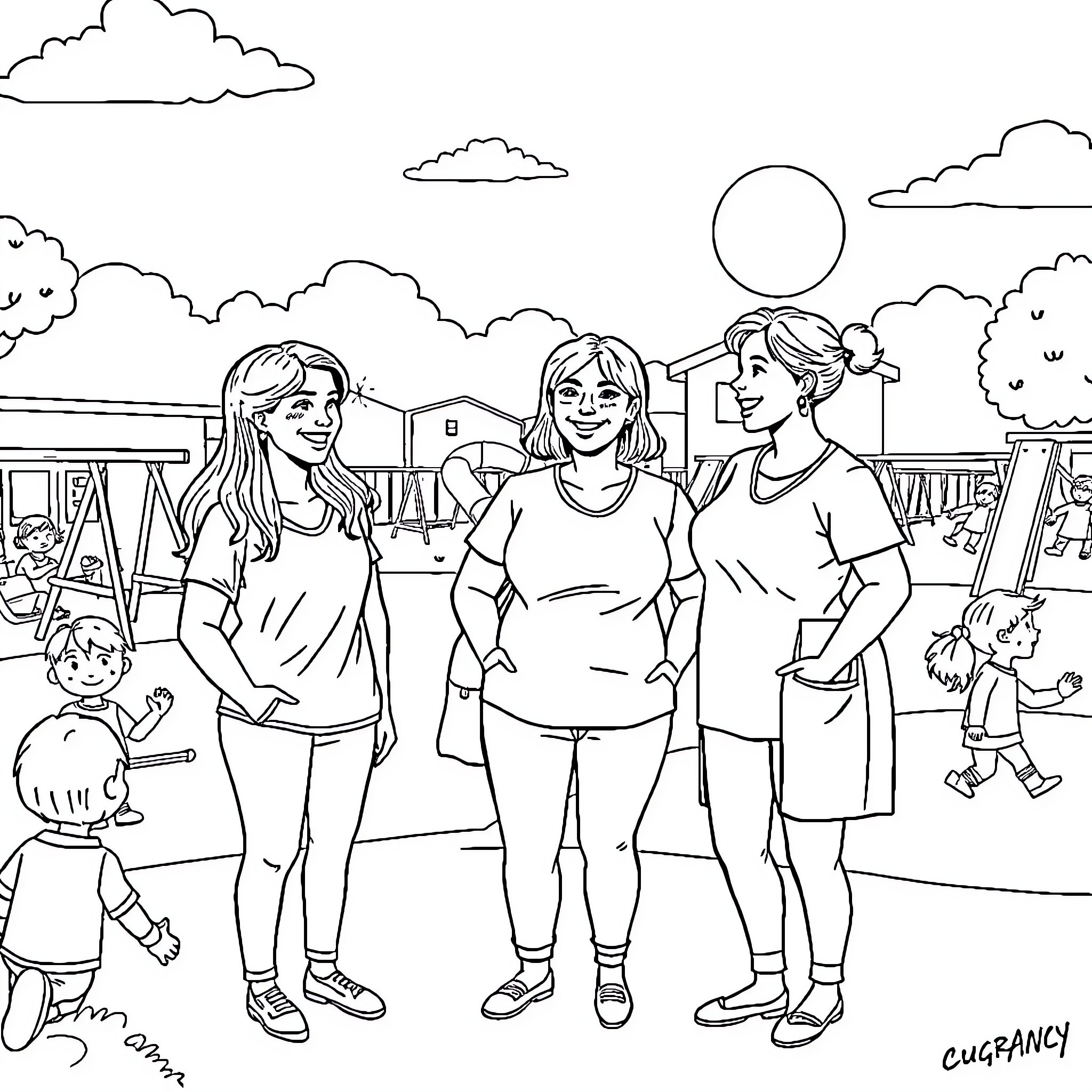 Teacher and students enjoying outdoor activities Coloring Page (free black-and-white line drawing printable PDF for all, from beginners to advanced learners, including children, teens, adults, and seniors)