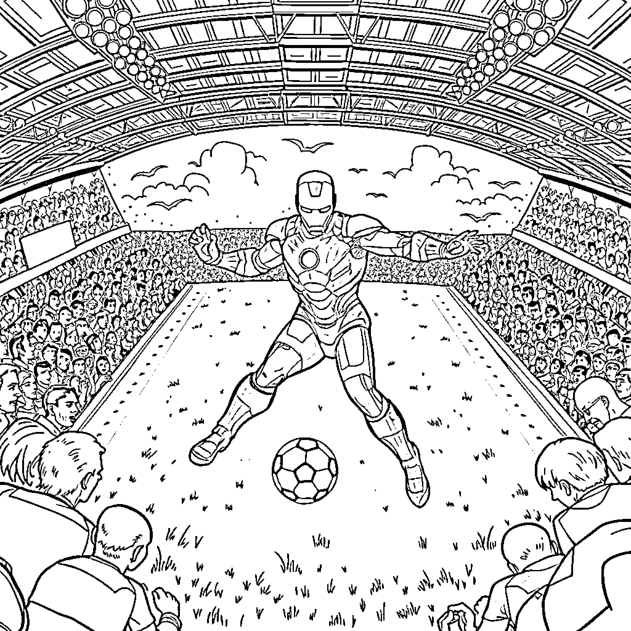 Ironman playing soccer in a grand stadium Coloring Page (free black-and-white line drawing printable PDF for all, from beginners to advanced learners, including children, teens, adults, and seniors)