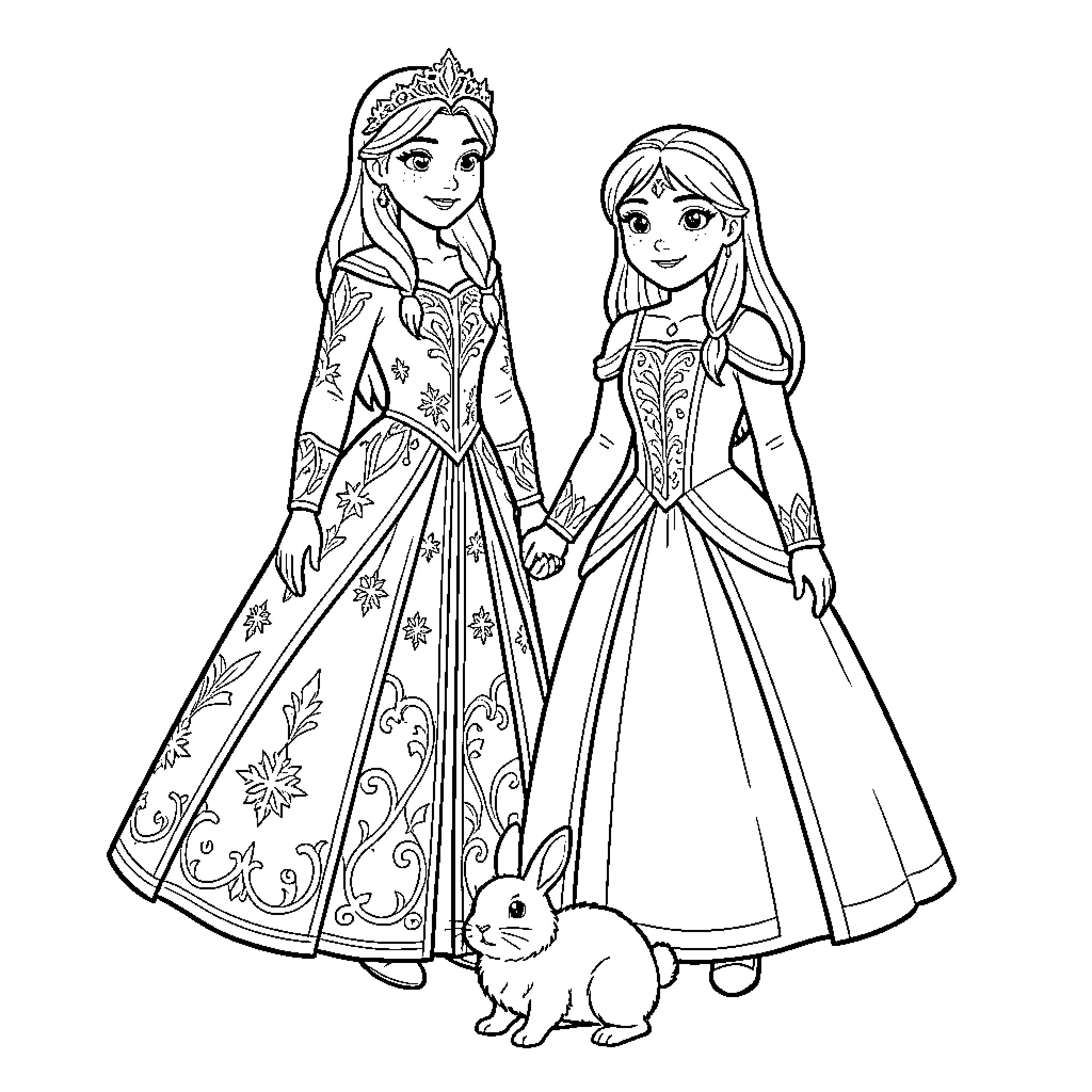 Snow Queen Sisters in Elegant Attire with Rabbit Coloring Page (free black-and-white line drawing printable PDF for all, from beginners to advanced learners, including children, teens, adults, and seniors)