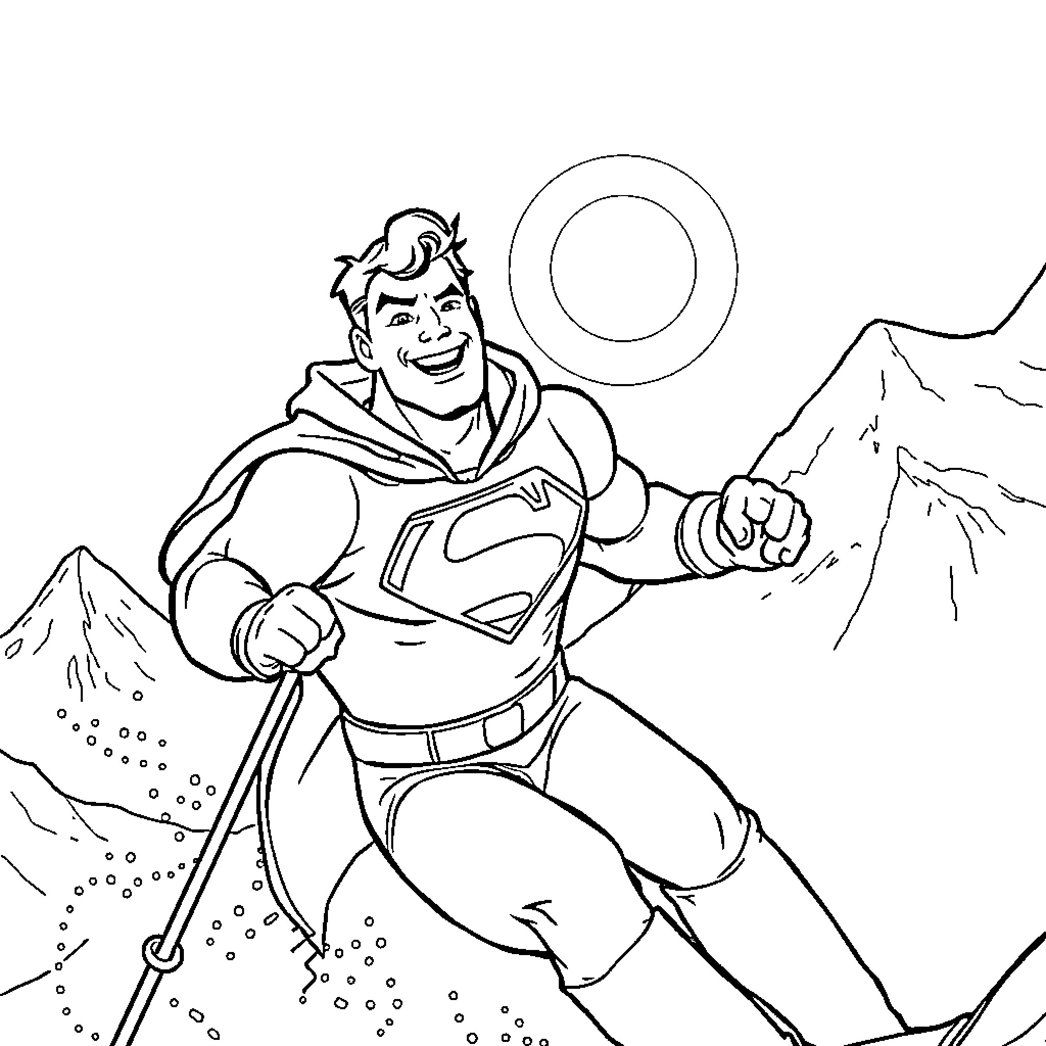 Superman soaring in the sky over mountains Coloring Page (free black-and-white line drawing printable PDF for all, from beginners to advanced learners, including children, teens, adults, and seniors)