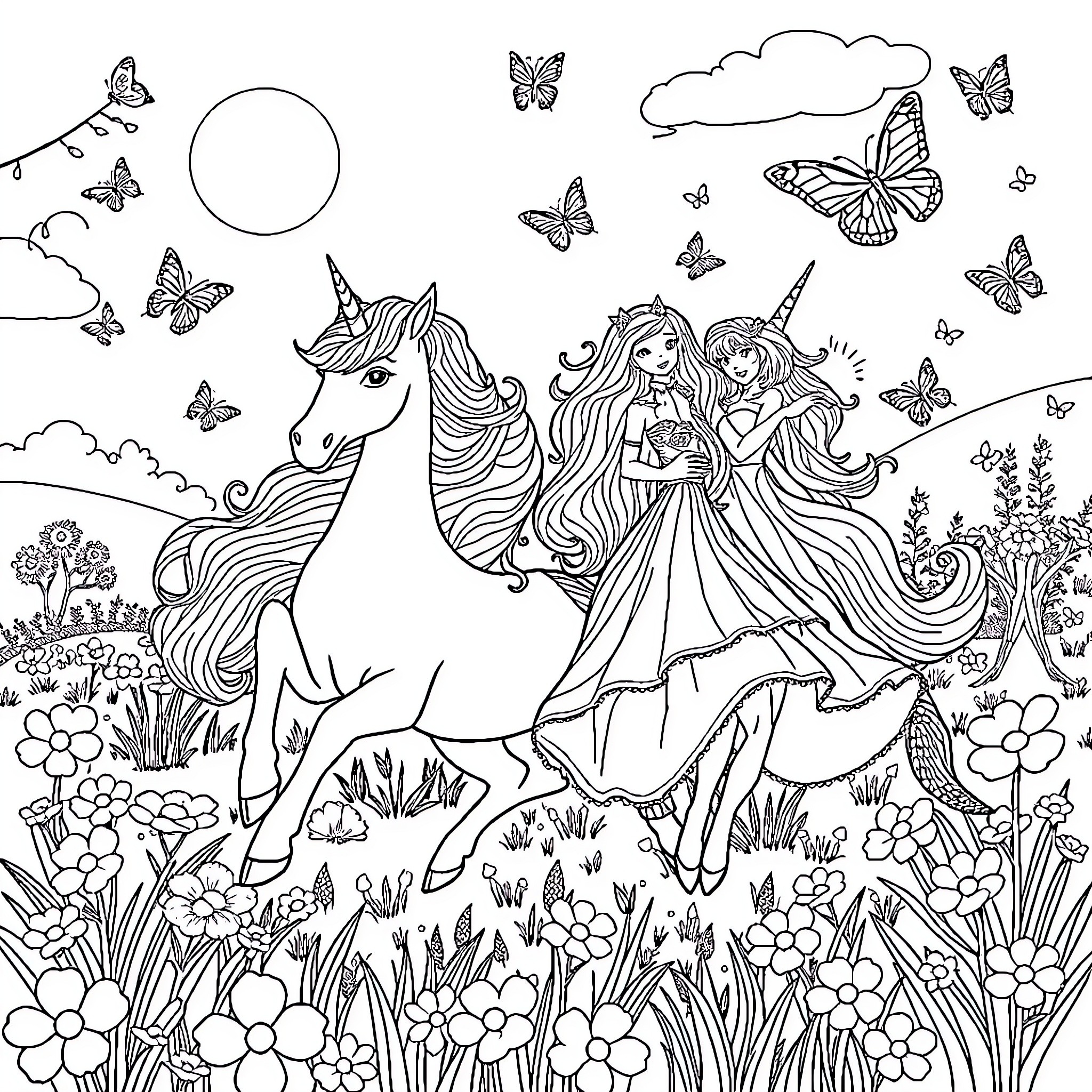 Unicorn and Friends in Enchanted Meadow Coloring Page (free black-and-white line drawing printable PDF for all, from beginners to advanced learners, including children, teens, adults, and seniors)