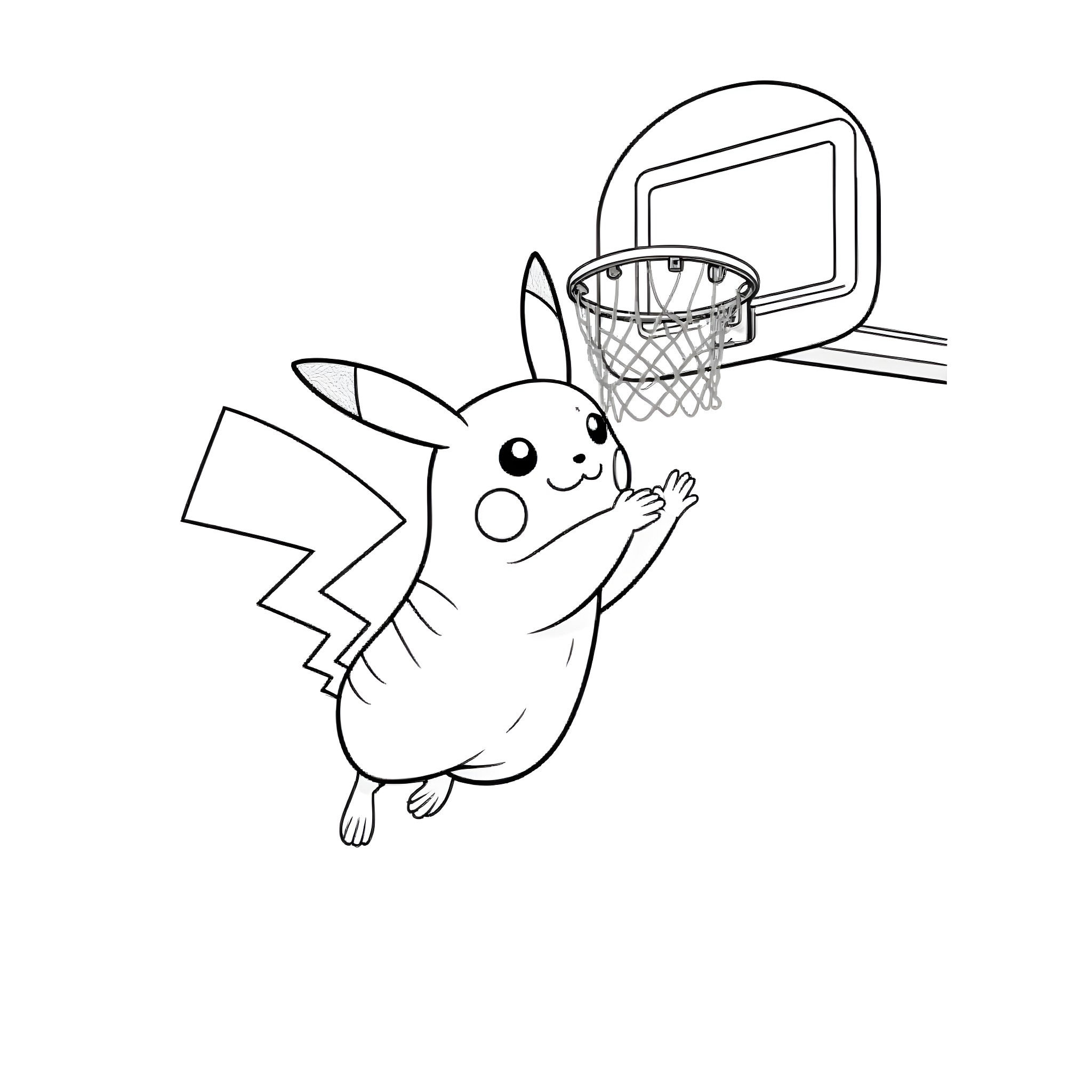 Pikachu playing basketball Coloring Page (free black-and-white line drawing printable PDF for all, from beginners to advanced learners, including children, teens, adults, and seniors)