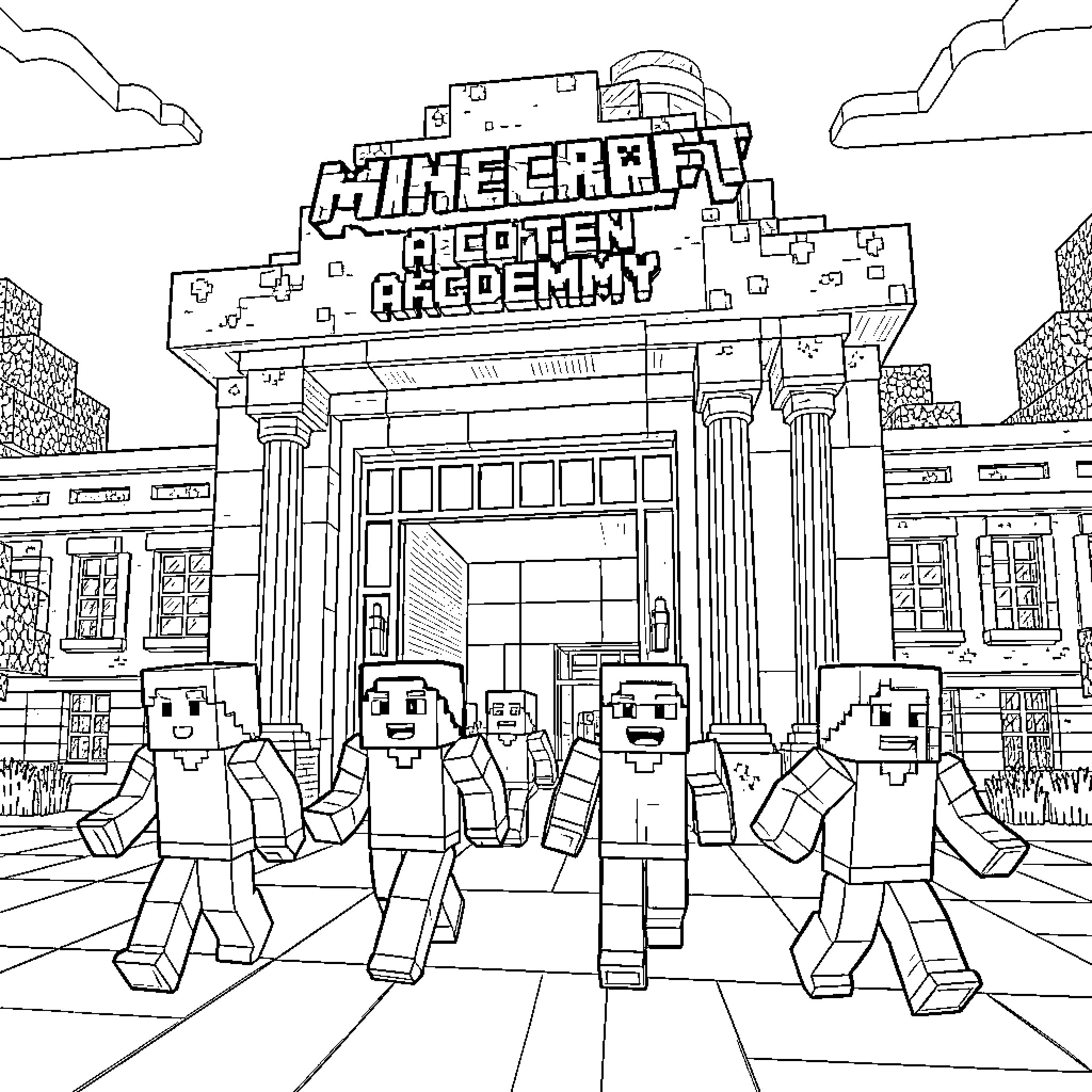 Minecraft Player characters running towards an academy building Coloring Page (free black-and-white line drawing printable PDF for all, from beginners to advanced learners, including children, teens, adults, and seniors)