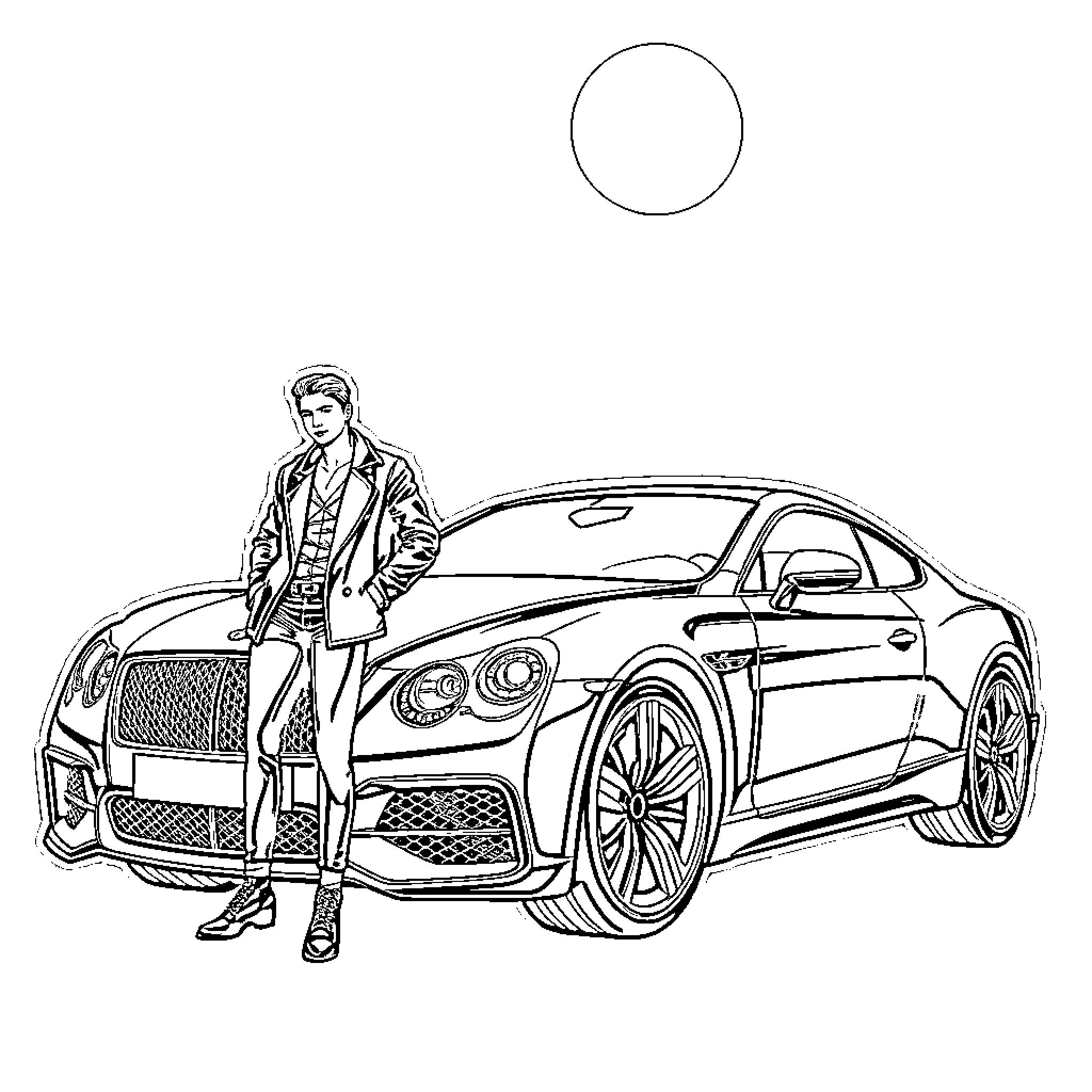 Car with stylish person posing next to it Coloring Page (free black-and-white line drawing printable PDF for all, from beginners to advanced learners, including children, teens, adults, and seniors)