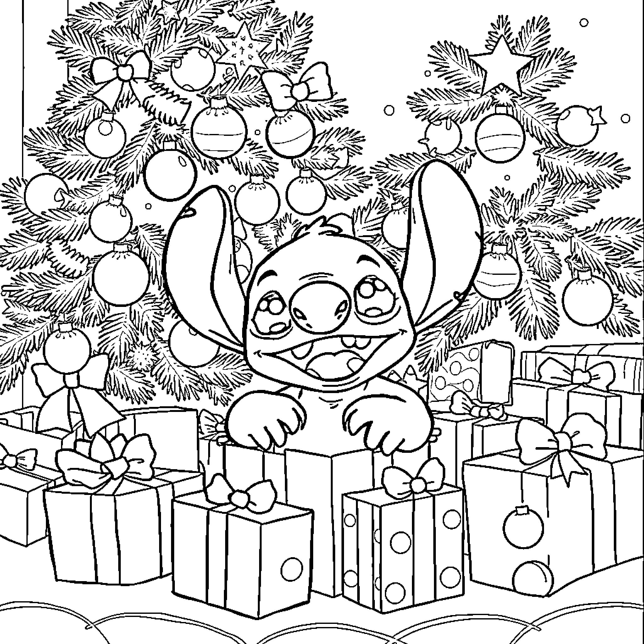 Stitch celebrates Christmas with ornaments and presents Coloring Page (free black-and-white line drawing printable PDF for all, from beginners to advanced learners, including children, teens, adults, and seniors)