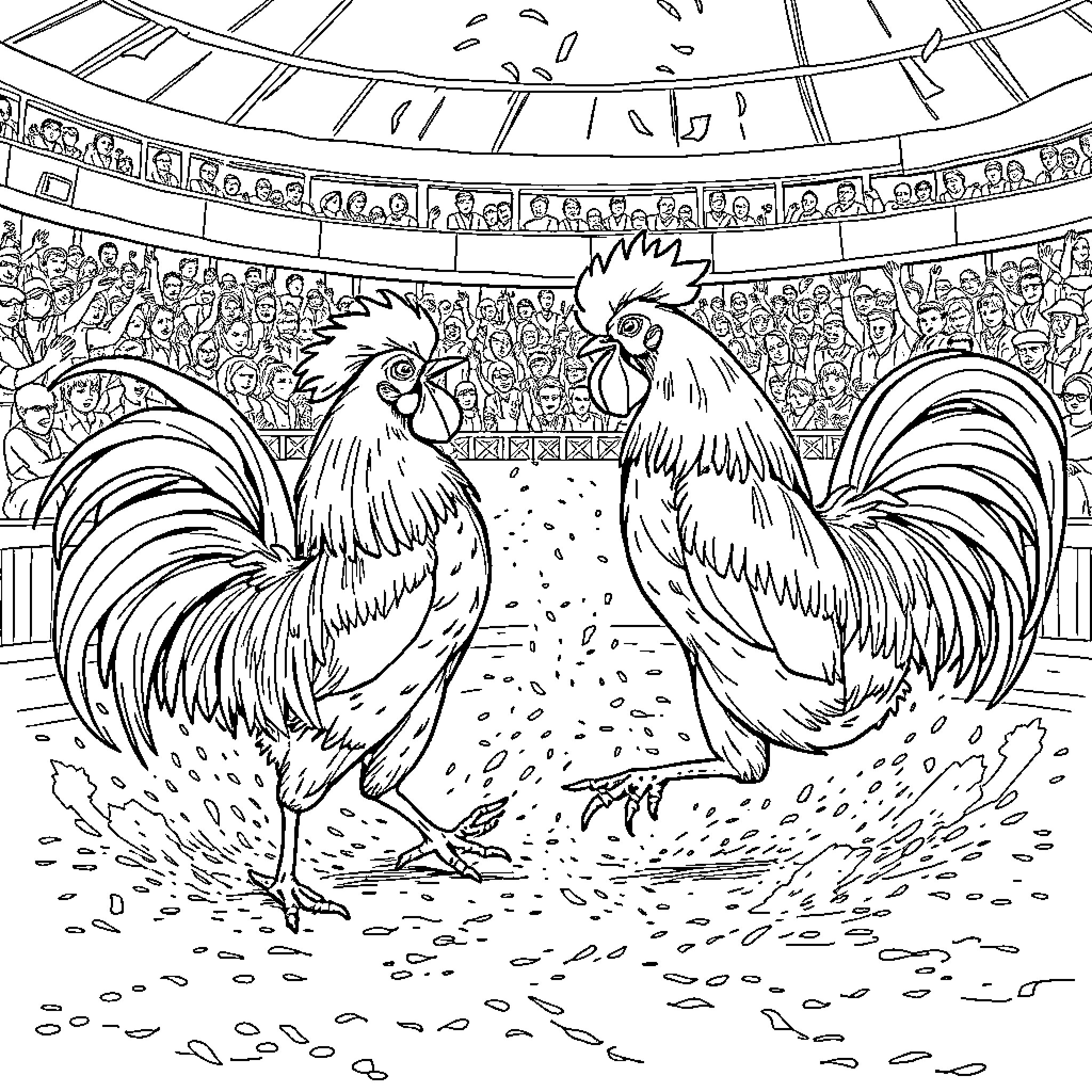 Rooster Champions Engaging in Spirited Competition Coloring Page (free black-and-white line drawing printable PDF for all, from beginners to advanced learners, including children, teens, adults, and seniors)
