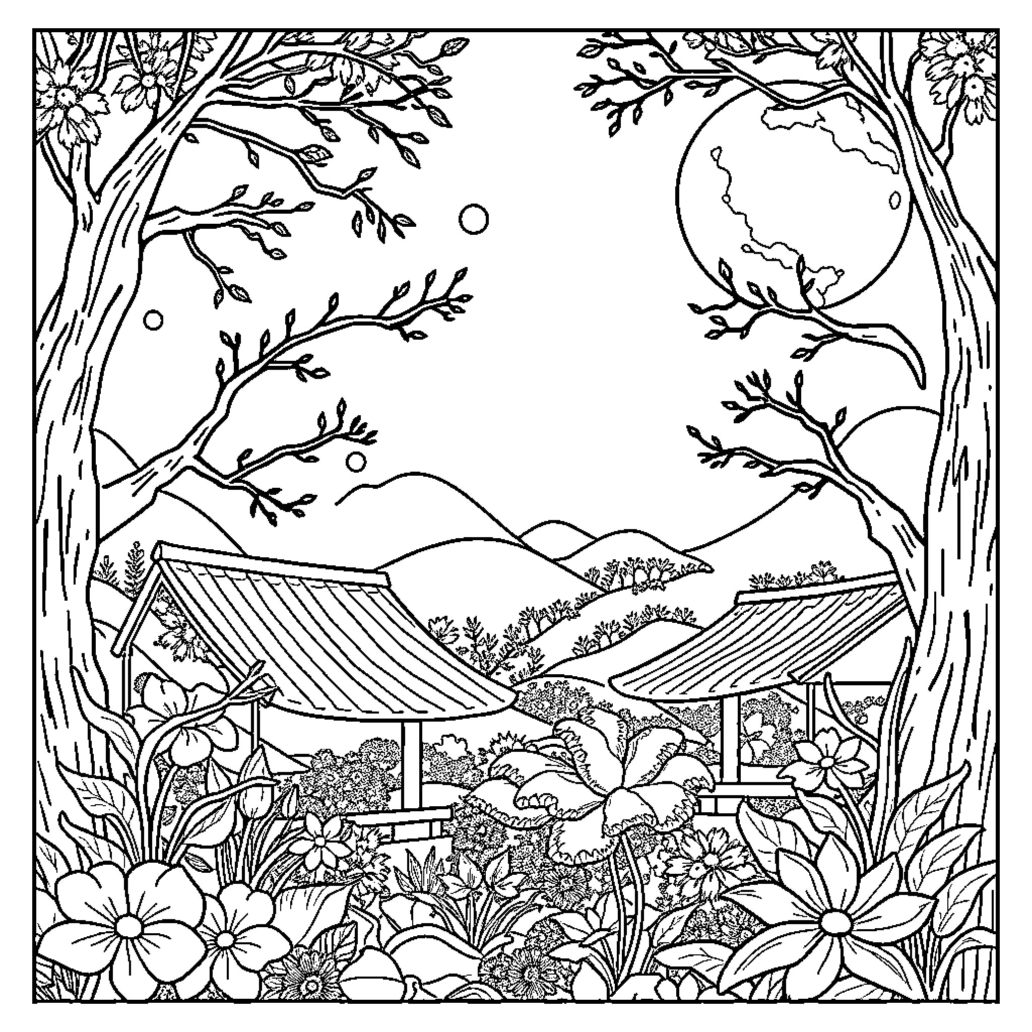 Rooster welcoming the dawn in a tranquil garden Coloring Page (free black-and-white line drawing printable PDF for all, from beginners to advanced learners, including children, teens, adults, and seniors)