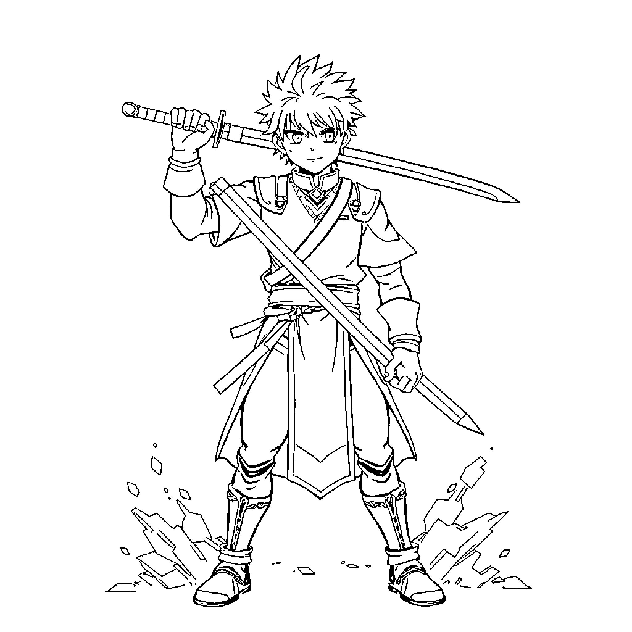 Emiya anime protagonist wielding sword in battle Coloring Page (free black-and-white line drawing printable PDF for all, from beginners to advanced learners, including children, teens, adults, and seniors)