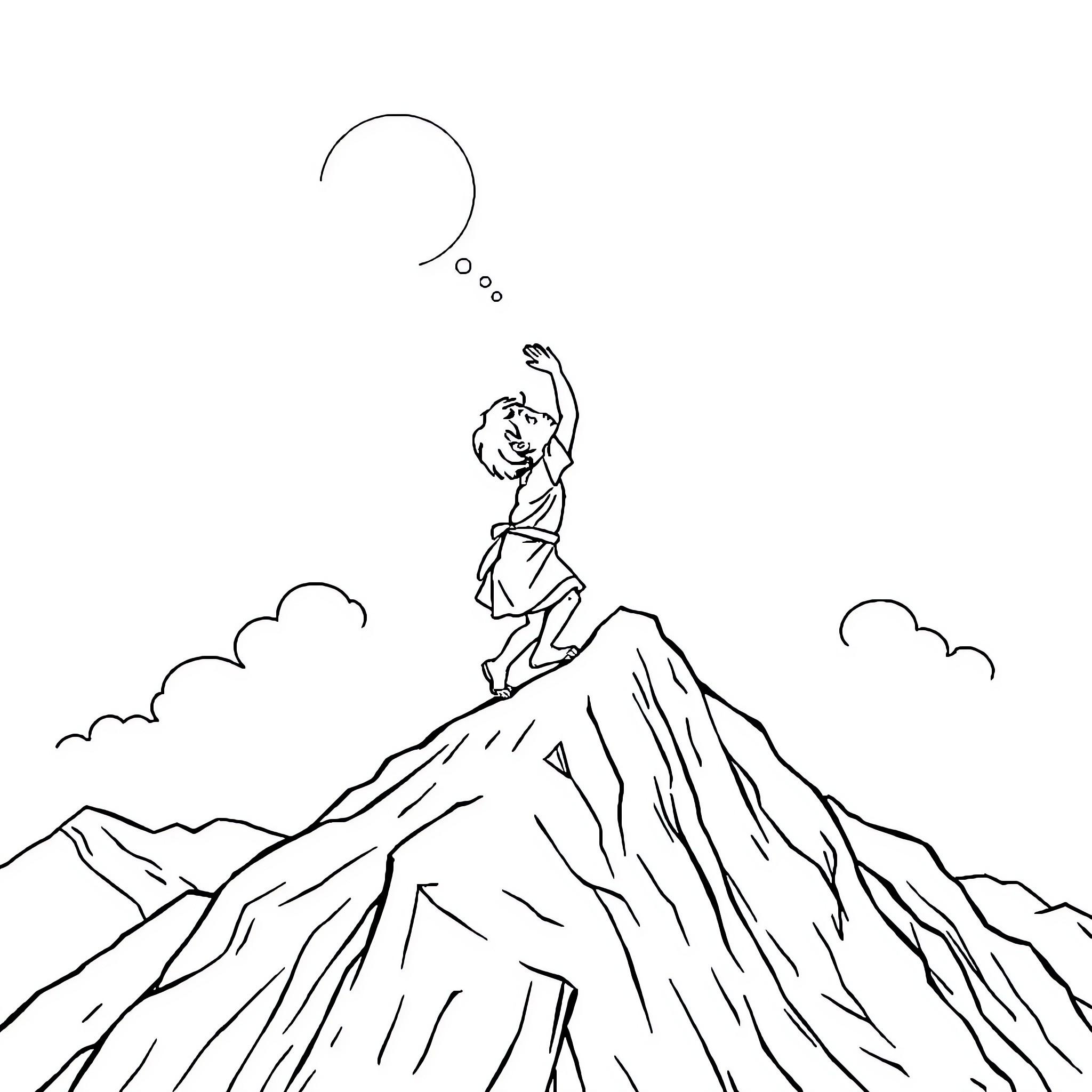 Child standing atop a rocky mountain peak Coloring Page (free black-and-white line drawing printable PDF for all, from beginners to advanced learners, including children, teens, adults, and seniors)