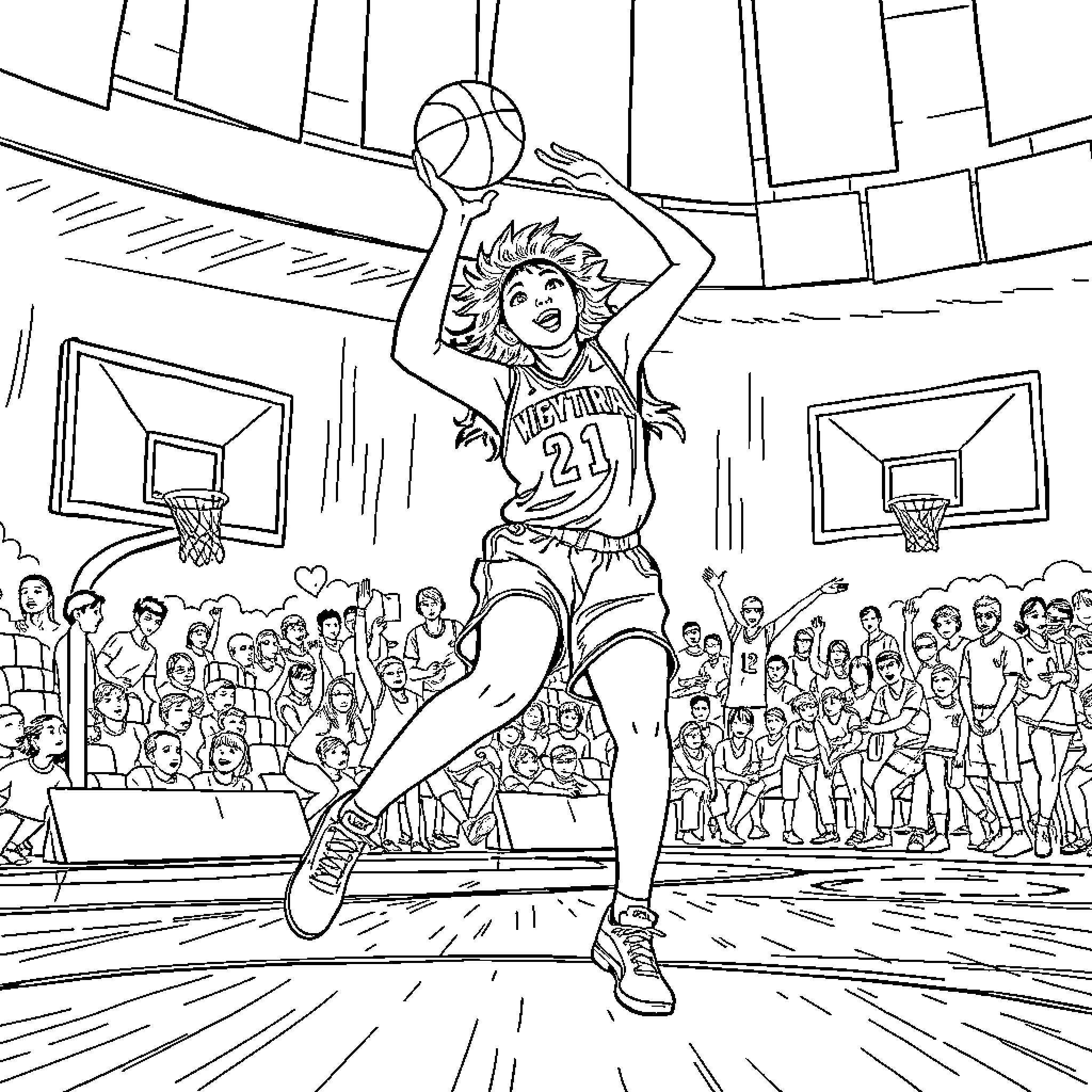 Rumi Guerrera competing in a basketball game Coloring Page (free black-and-white line drawing printable PDF for all, from beginners to advanced learners, including children, teens, adults, and seniors)