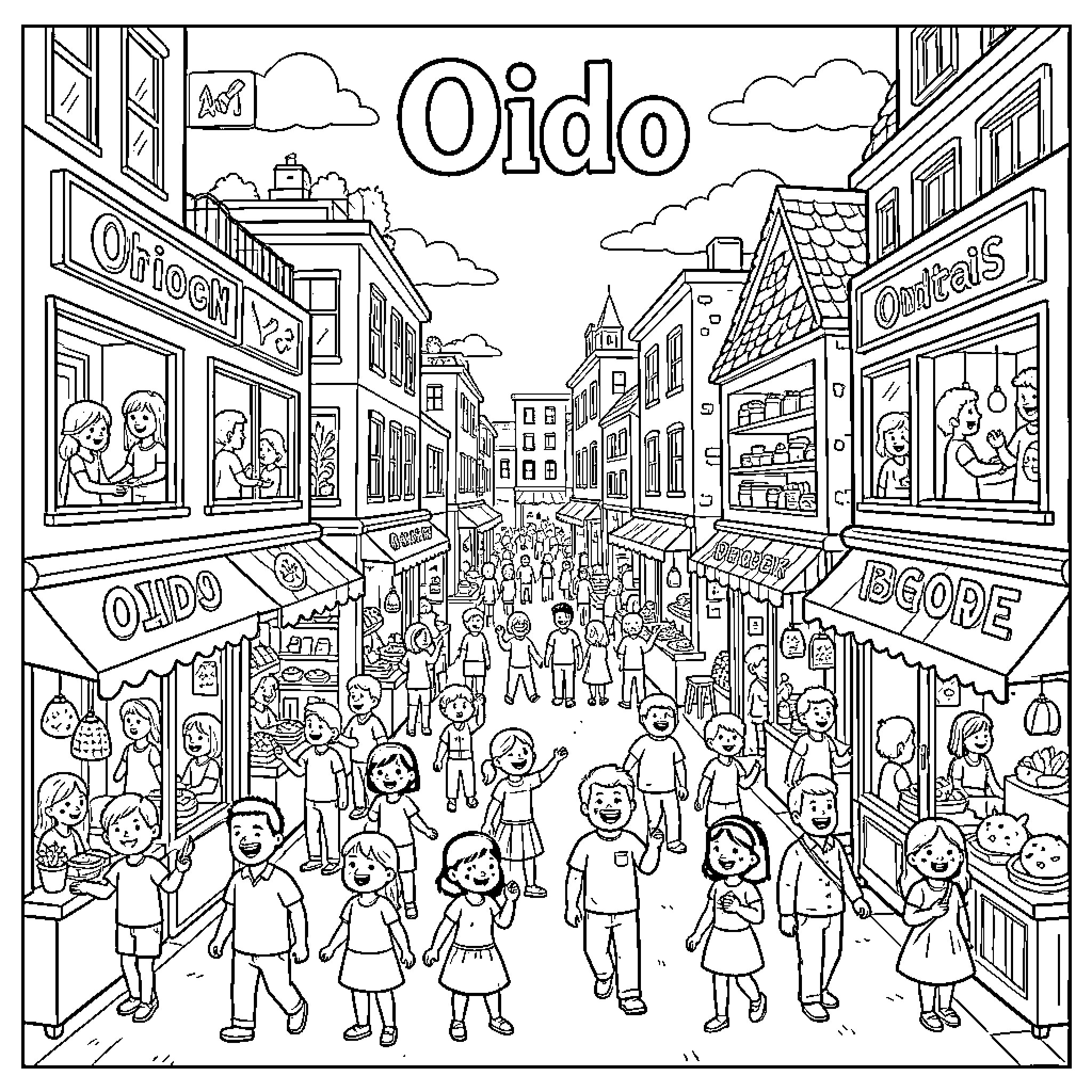 Ear-catching scenes in a bustling city marketplace Coloring Page (free black-and-white line drawing printable PDF for all, from beginners to advanced learners, including children, teens, adults, and seniors)