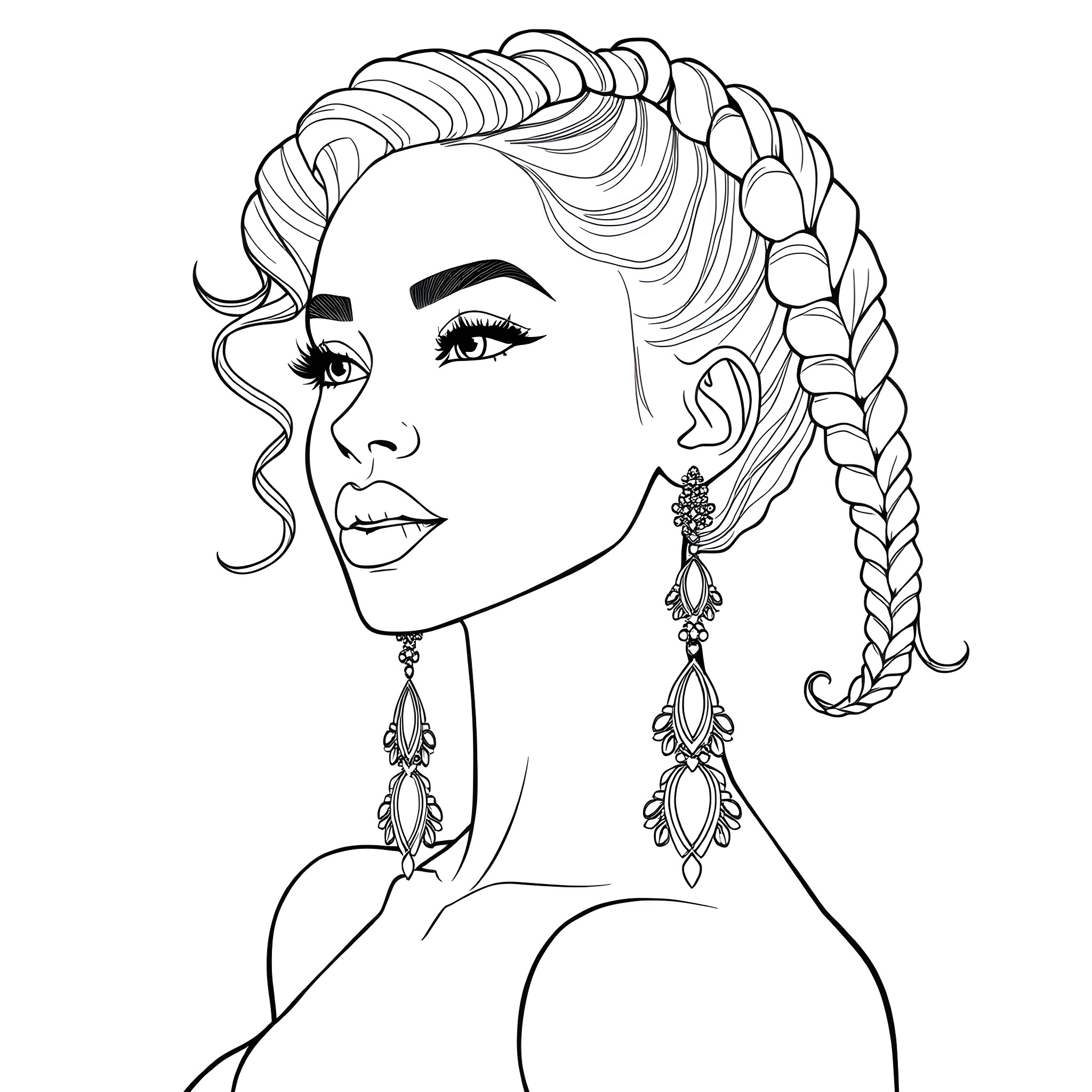 Woman with Intricate Hairstyle and Elegant Jewelry Coloring Page (free black-and-white line drawing printable PDF for all, from beginners to advanced learners, including children, teens, adults, and seniors)
