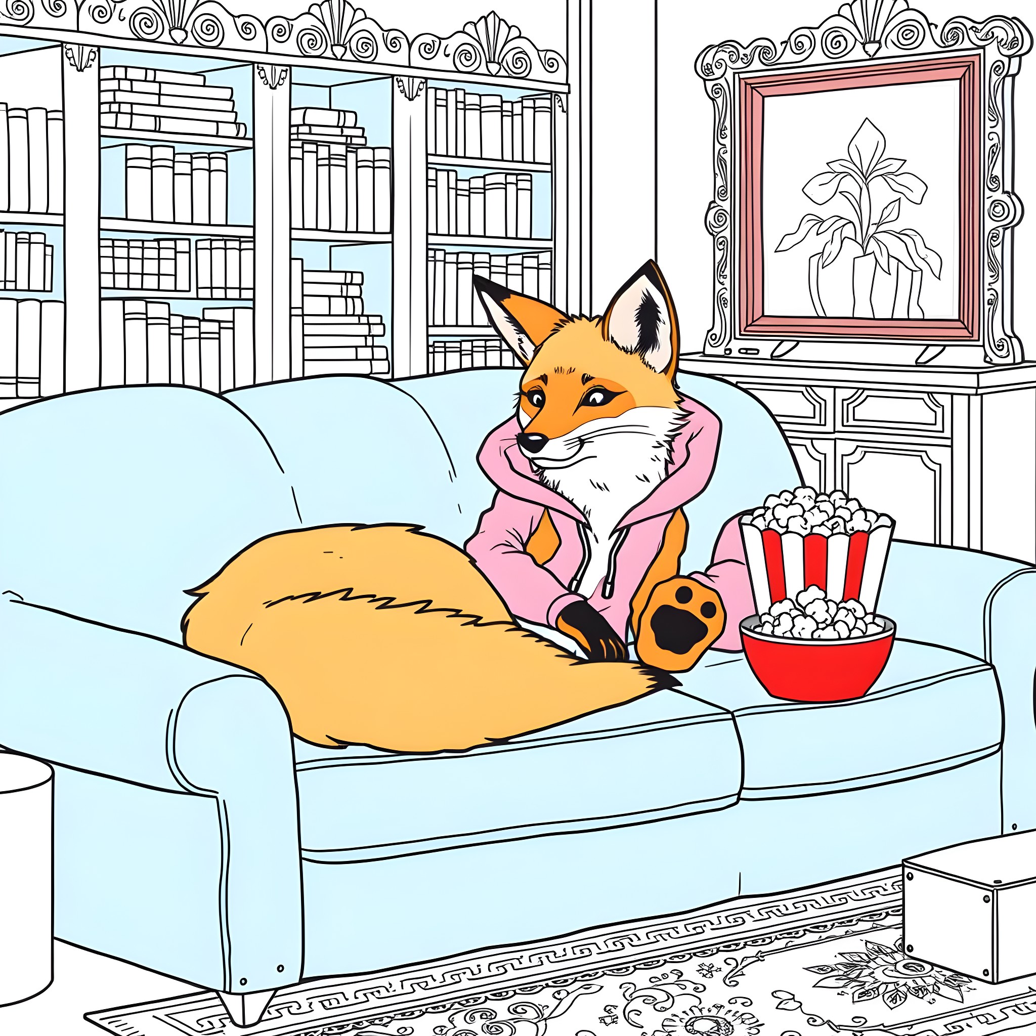 Fox relaxing with snacks on a cozy sofa Coloring Page (free black-and-white line drawing printable PDF for all, from beginners to advanced learners, including children, teens, adults, and seniors)