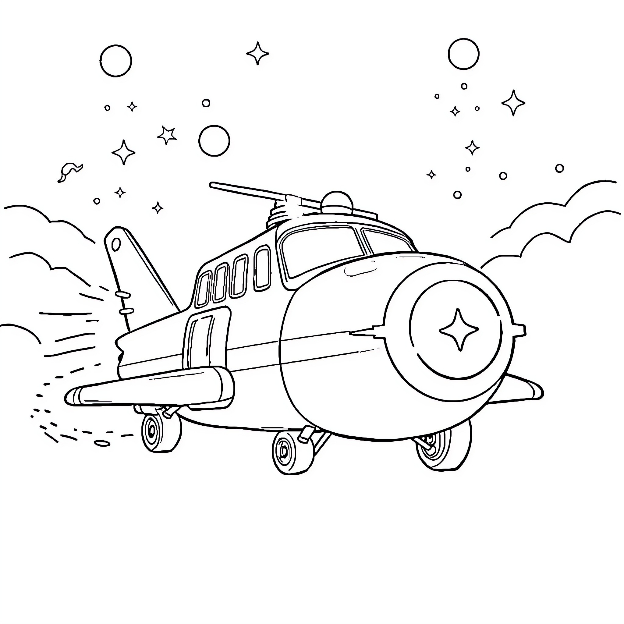 Fire Truck Soaring Through the Cosmic Skies Coloring Page (free black-and-white line drawing printable PDF for all, from beginners to advanced learners, including children, teens, adults, and seniors)