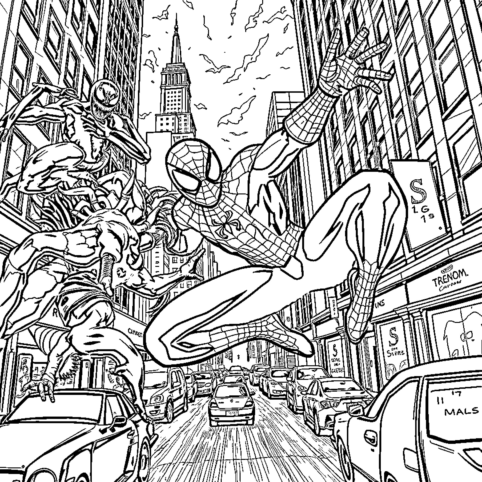 Spiderman web-slinging through the city streets Coloring Page (free black-and-white line drawing printable PDF for all, from beginners to advanced learners, including children, teens, adults, and seniors)