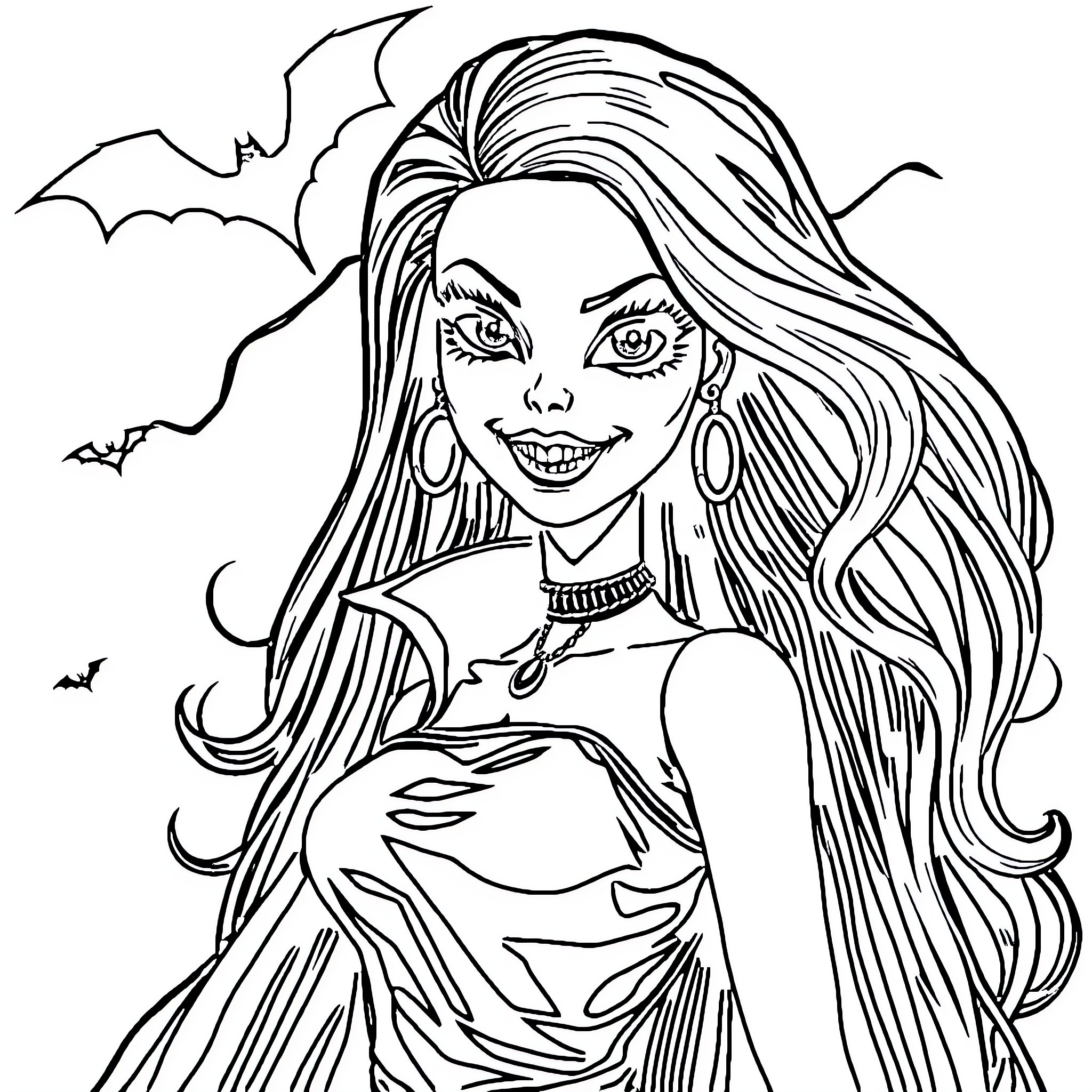 Barbie Dressed for a Spooky Occasion Coloring Page (free black-and-white line drawing printable PDF for all, from beginners to advanced learners, including children, teens, adults, and seniors)