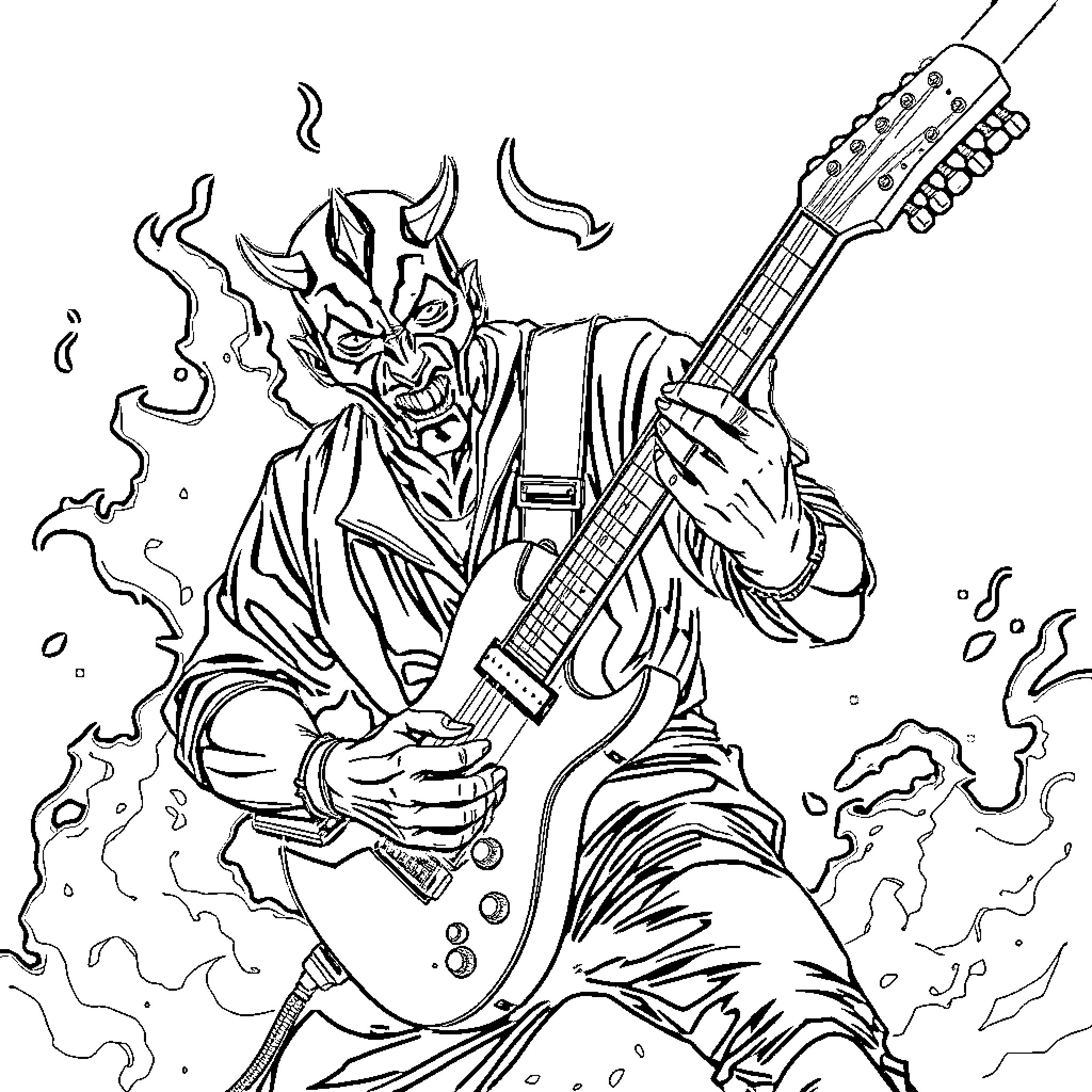 Darth Maul Shredding an Epic Guitar Solo Coloring Page (free black-and-white line drawing printable PDF for all, from beginners to advanced learners, including children, teens, adults, and seniors)