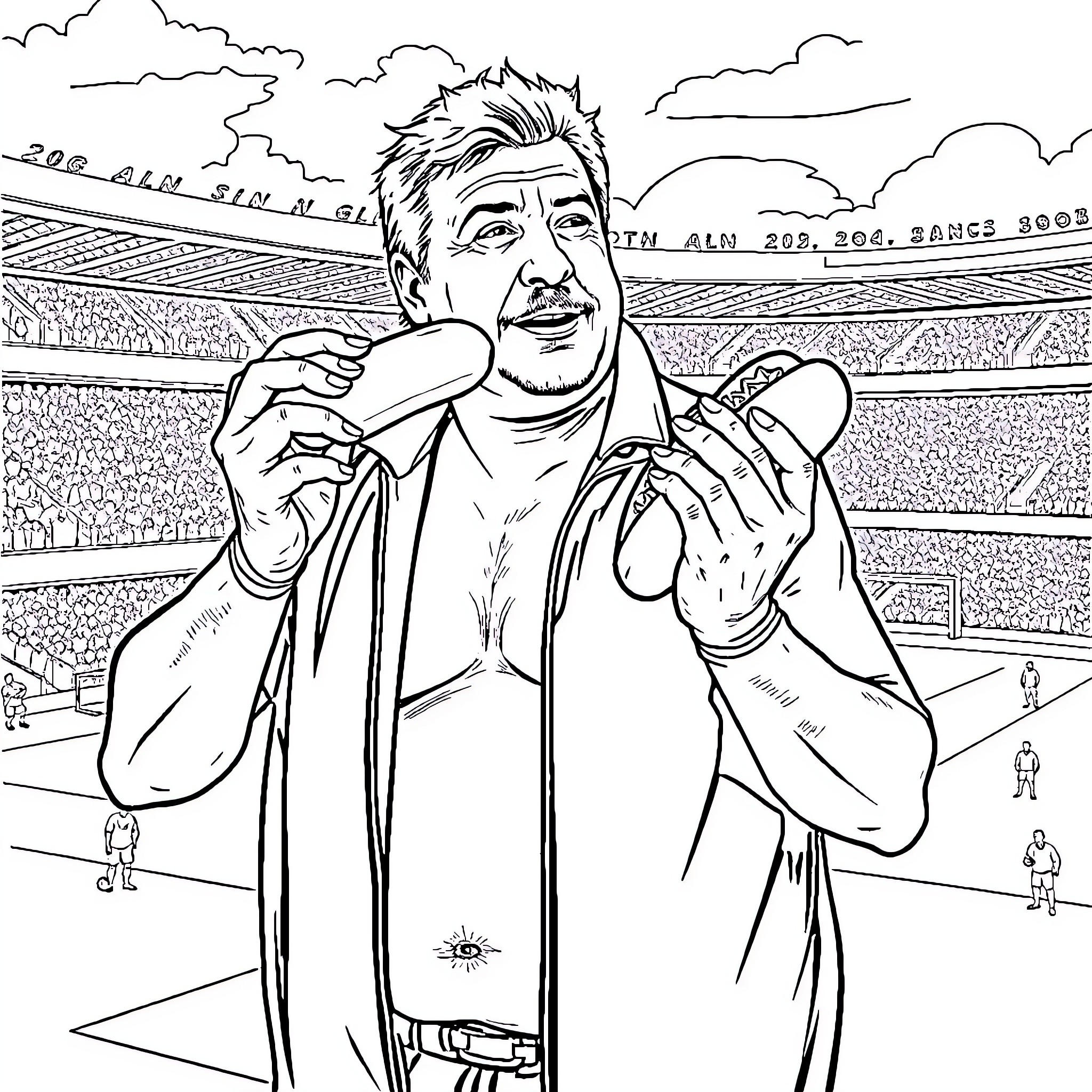 Steve Bruce Celebrating Victory in the Stadium Coloring Page (free black-and-white line drawing printable PDF for all, from beginners to advanced learners, including children, teens, adults, and seniors)