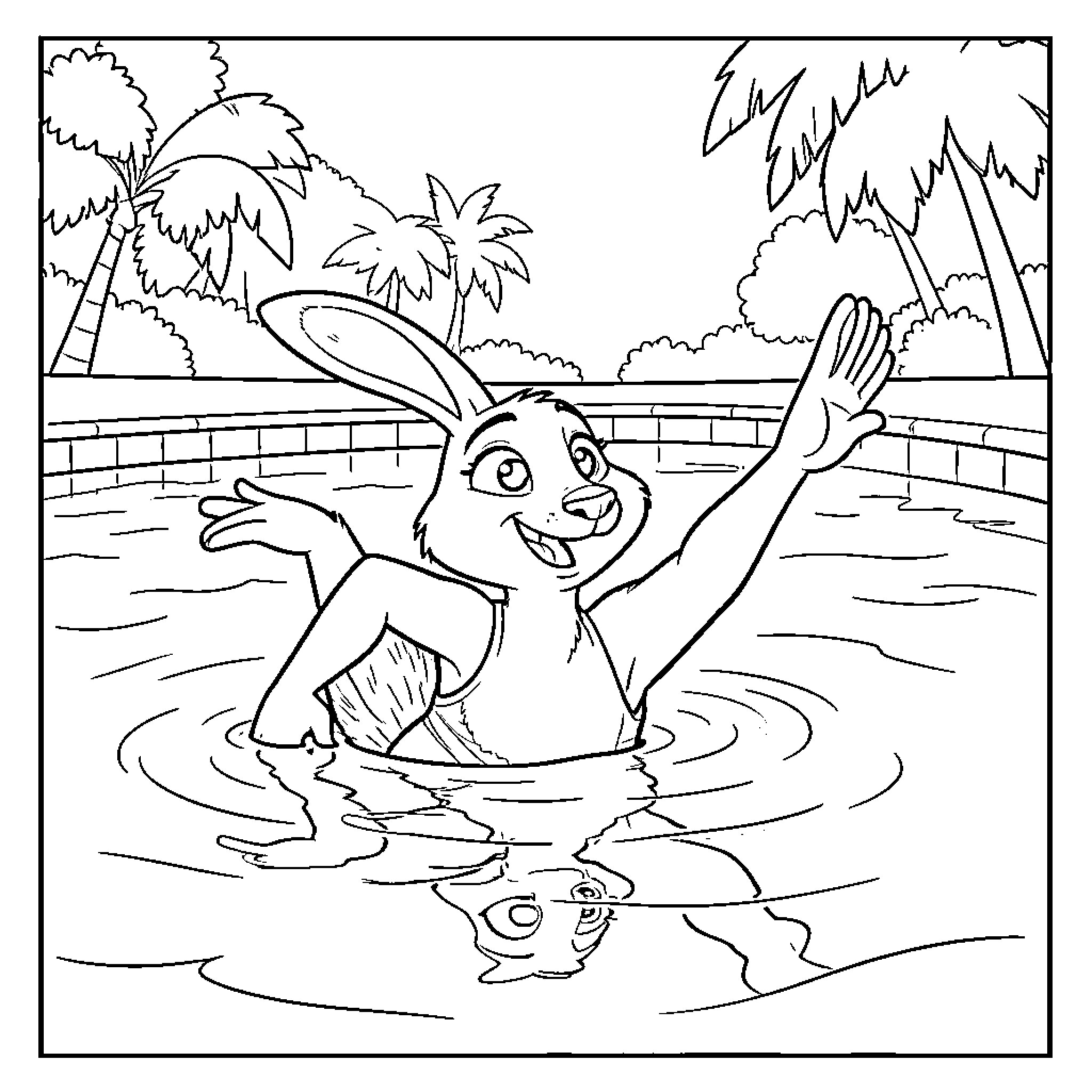 Agent Hopps happily splashing in a tropical swimming pool Coloring Page (free black-and-white line drawing printable PDF for all, from beginners to advanced learners, including children, teens, adults, and seniors)