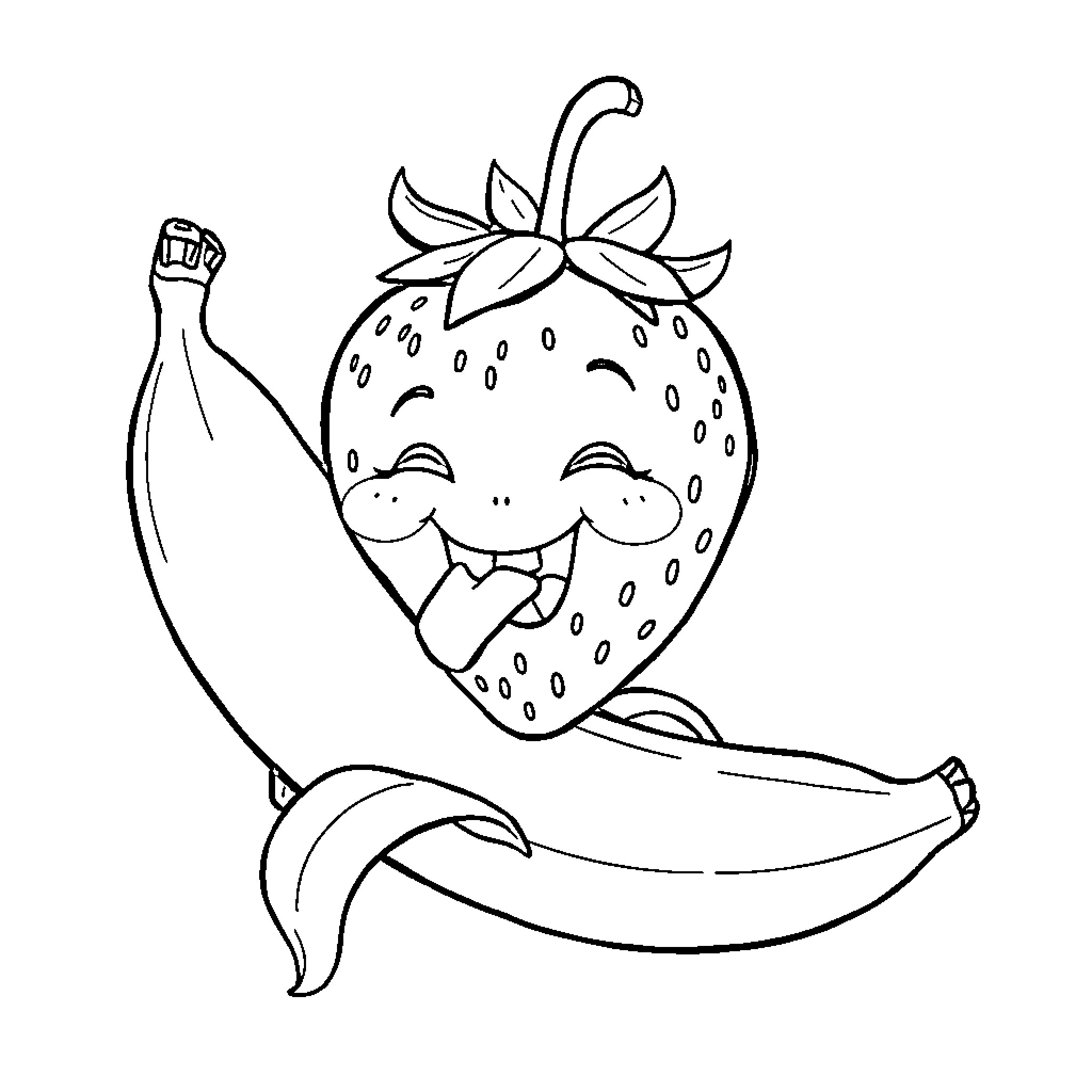 Strawberry enjoying a banana Coloring Page (free black-and-white line drawing printable PDF for all, from beginners to advanced learners, including children, teens, adults, and seniors)