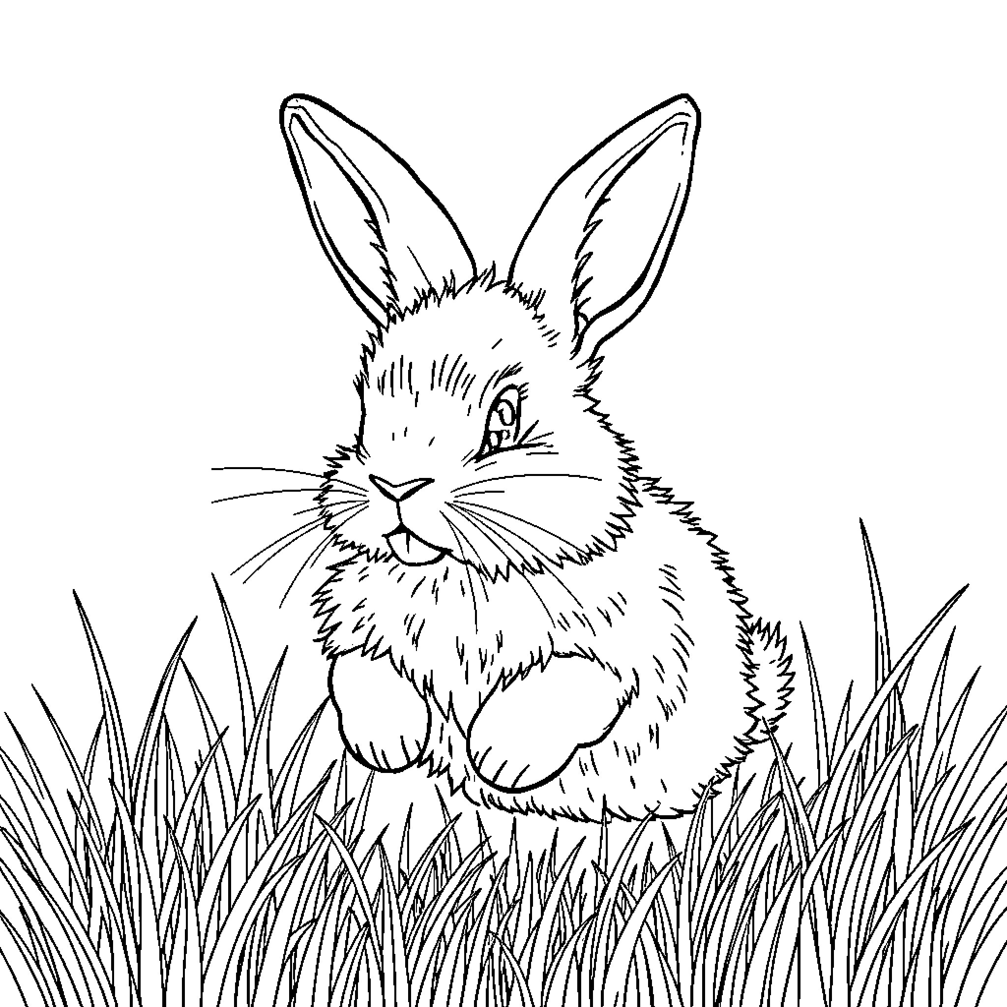 Rabbit sitting in grassy field Coloring Page (free black-and-white line drawing printable PDF for all, from beginners to advanced learners, including children, teens, adults, and seniors)