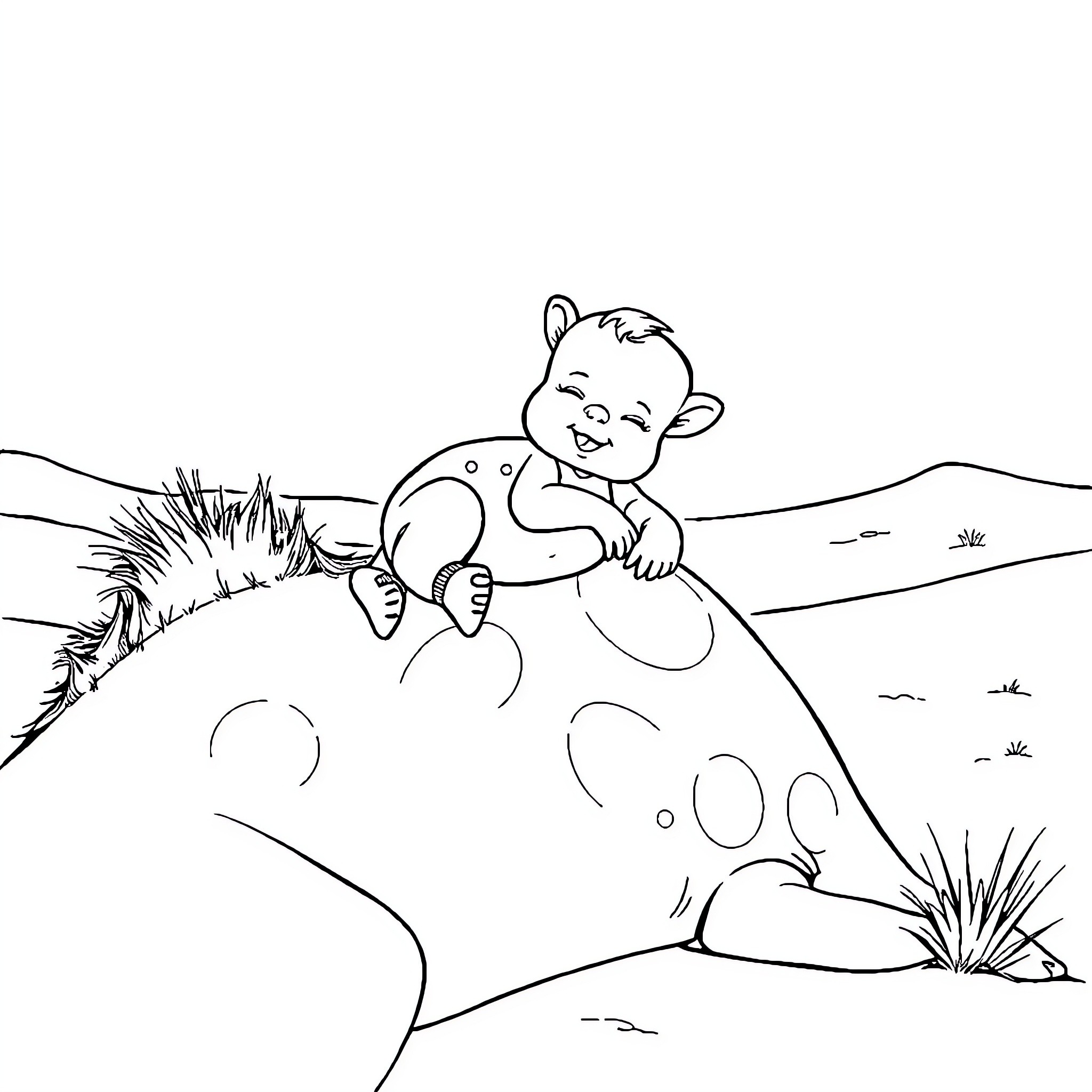 Baby playing joyfully in the meadow Coloring Page (free black-and-white line drawing printable PDF for all, from beginners to advanced learners, including children, teens, adults, and seniors)