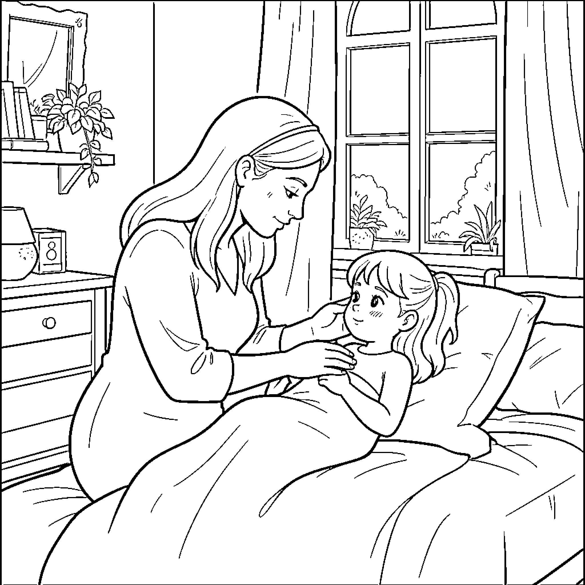 Mother comforting her child in their bedroom Coloring Page (free black-and-white line drawing printable PDF for all, from beginners to advanced learners, including children, teens, adults, and seniors)