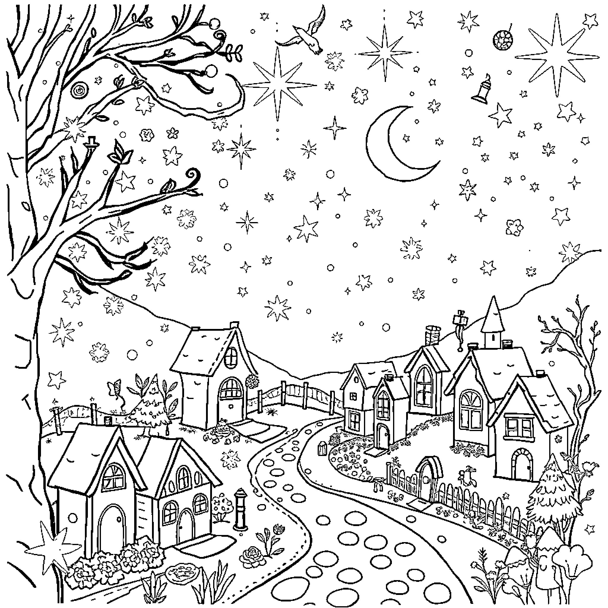 Fairy Village Under Starry Night Sky Coloring Page (free black-and-white line drawing printable PDF for all, from beginners to advanced learners, including children, teens, adults, and seniors)