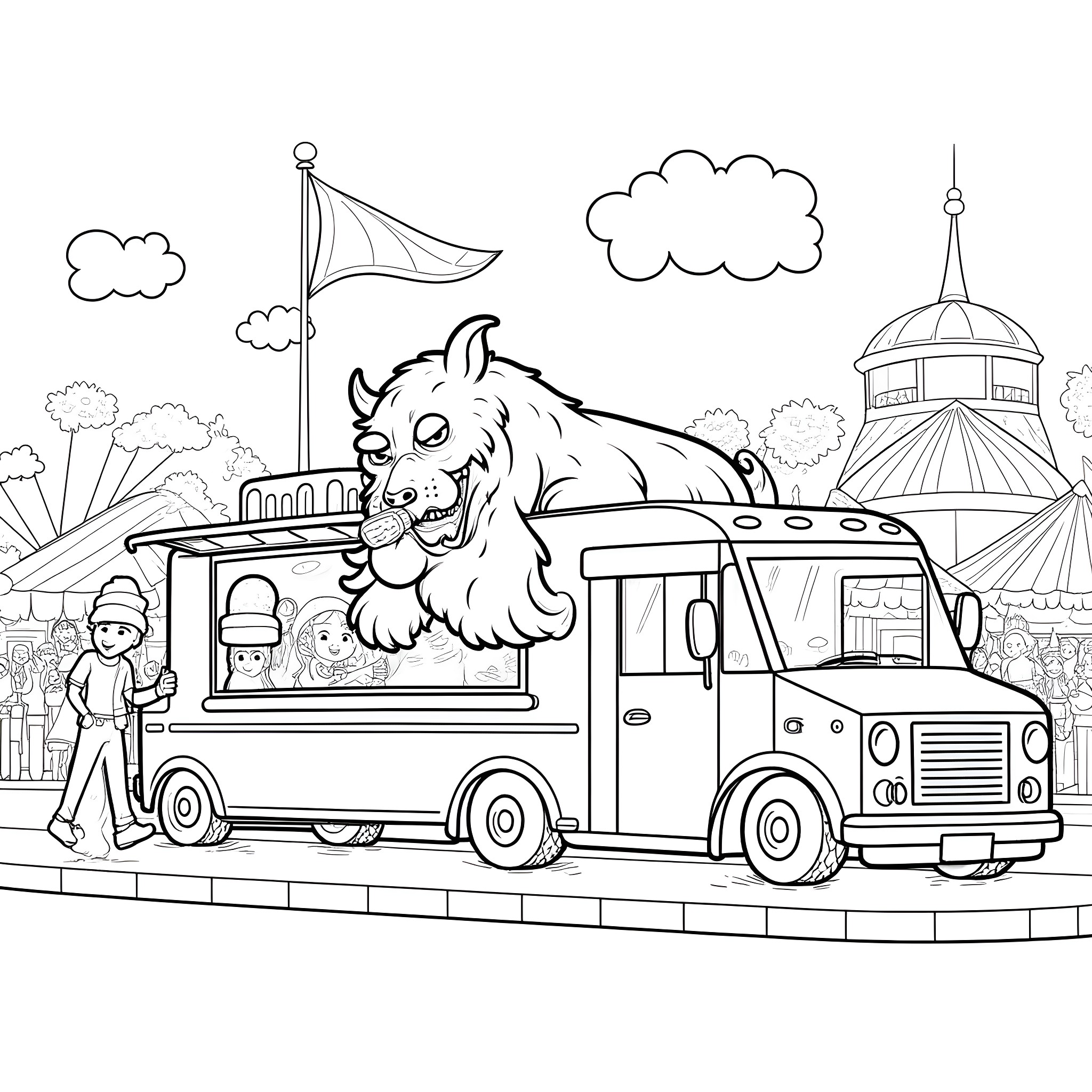 Beast Food Truck Serving Customers in the Park Coloring Page (free black-and-white line drawing printable PDF for all, from beginners to advanced learners, including children, teens, adults, and seniors)