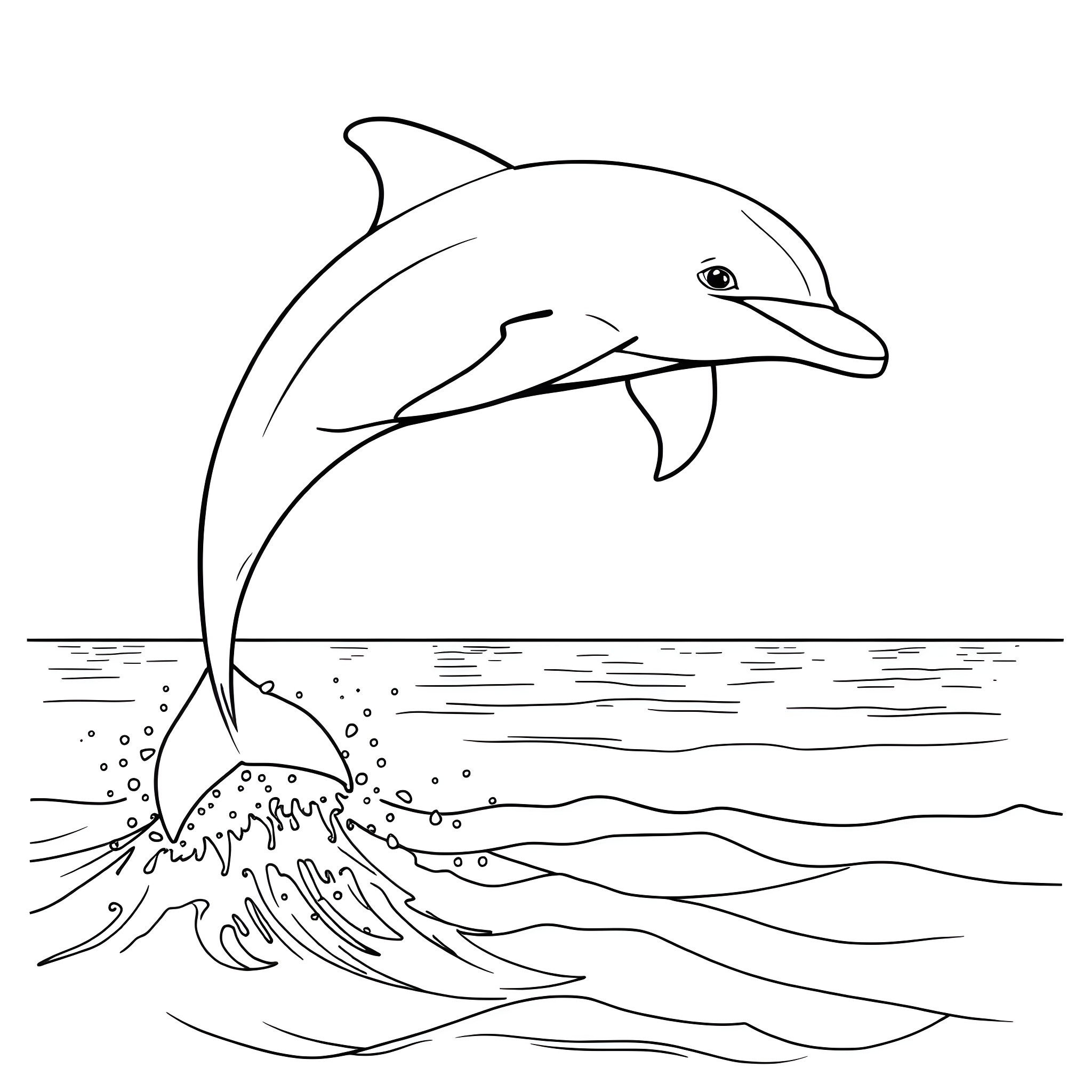 Dolphin jumping gracefully in the waves Coloring Page (free black-and-white line drawing printable PDF for all, from beginners to advanced learners, including children, teens, adults, and seniors)