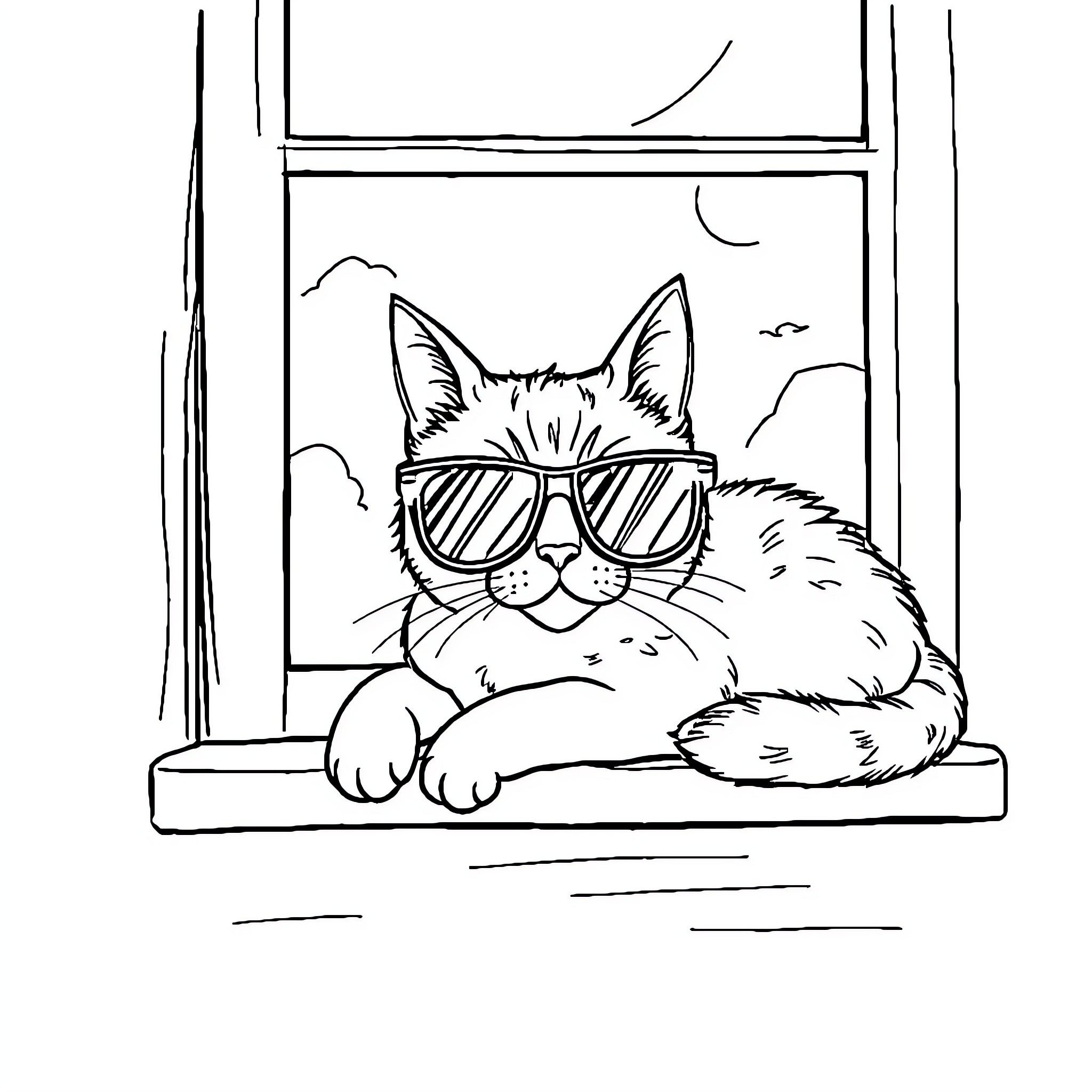 Cat relaxing on window sill wearing sunglasses Coloring Page (free black-and-white line drawing printable PDF for all, from beginners to advanced learners, including children, teens, adults, and seniors)