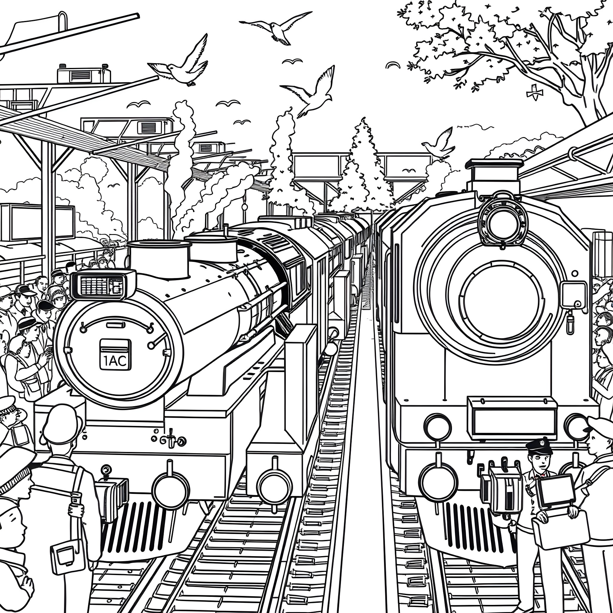 Train Traveling Through Scenic Railway Station Coloring Page (free black-and-white line drawing printable PDF for all, from beginners to advanced learners, including children, teens, adults, and seniors)