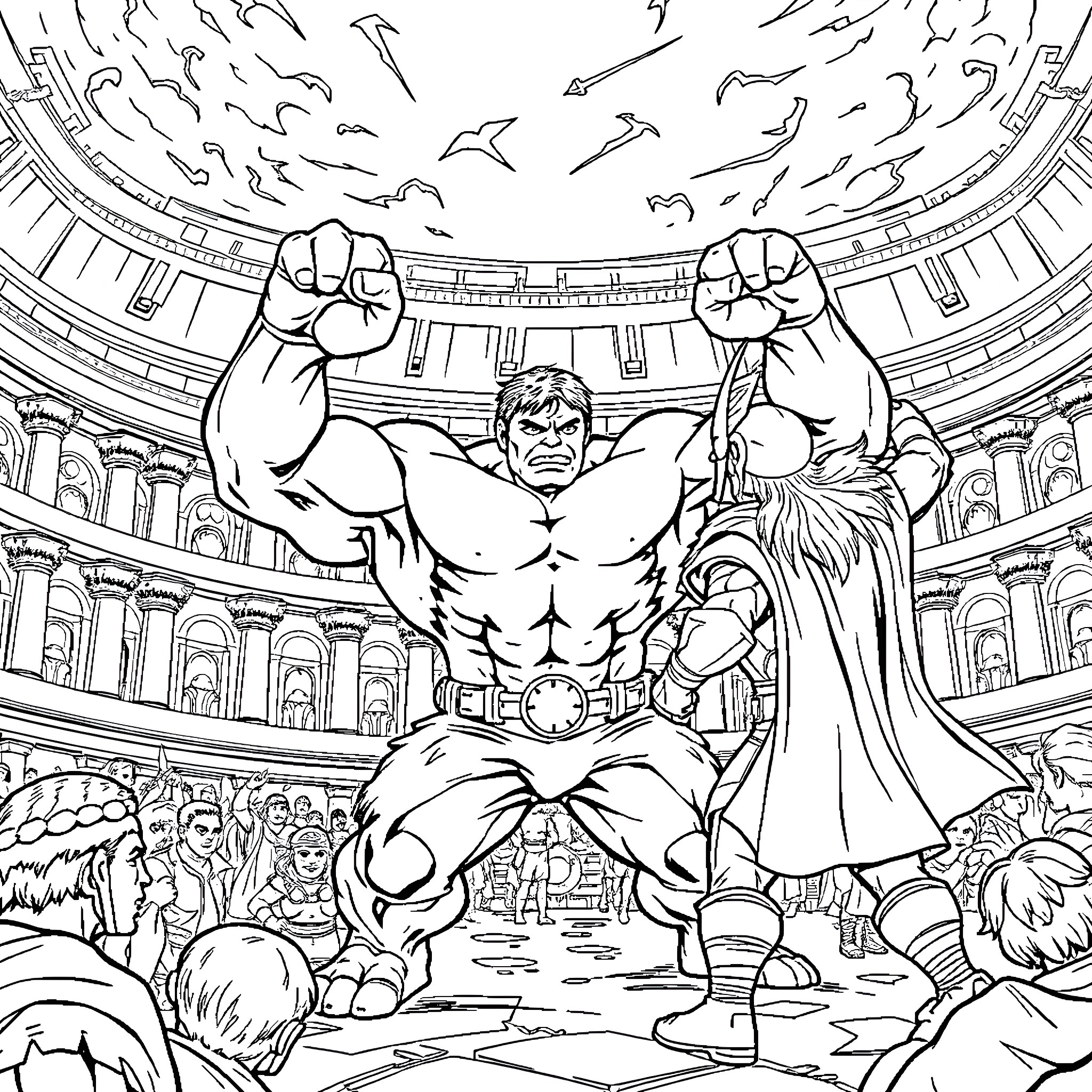 Hulk flexing muscles in triumphant arena display Coloring Page (free black-and-white line drawing printable PDF for all, from beginners to advanced learners, including children, teens, adults, and seniors)